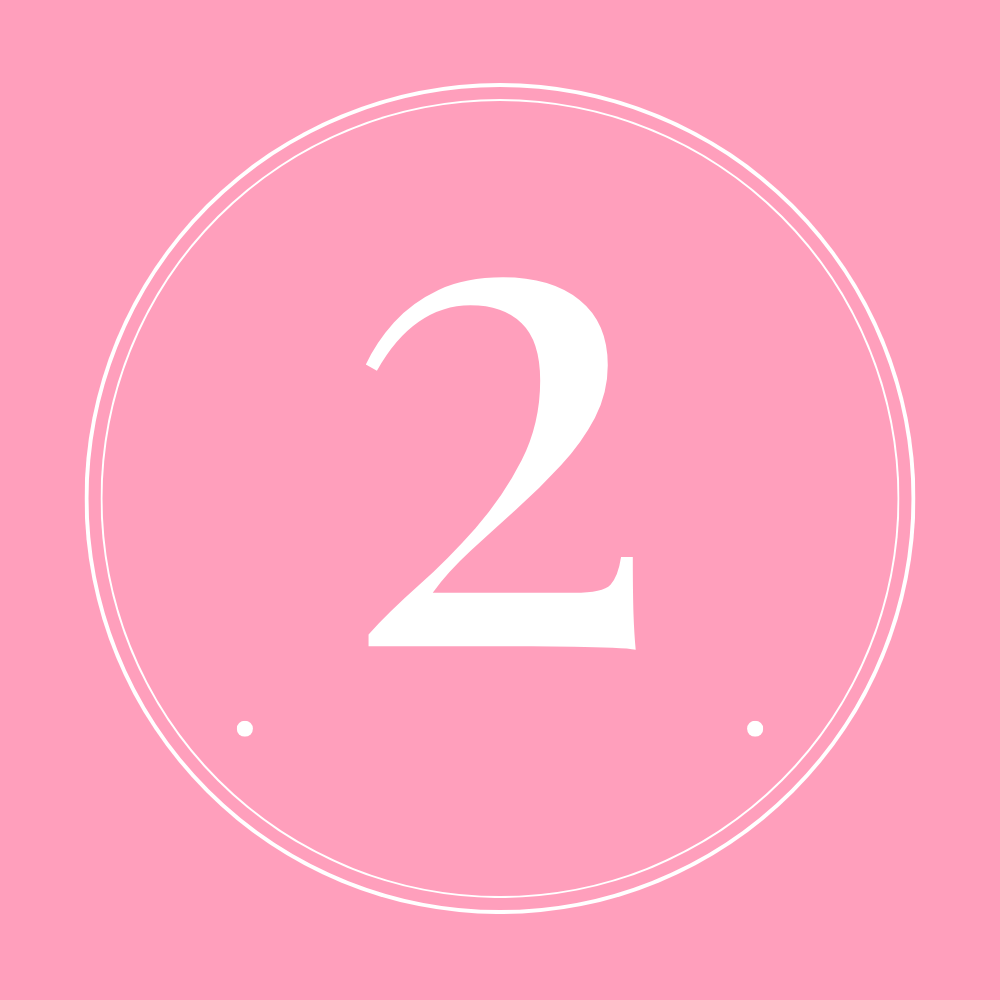 Pink background with a large white number 2 in the center, surrounded by a thin white circle and two small white dots.