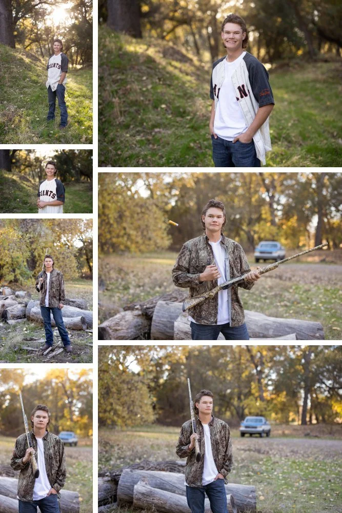 guy senior pictures wearing camo shirt and jeans with his shot gun