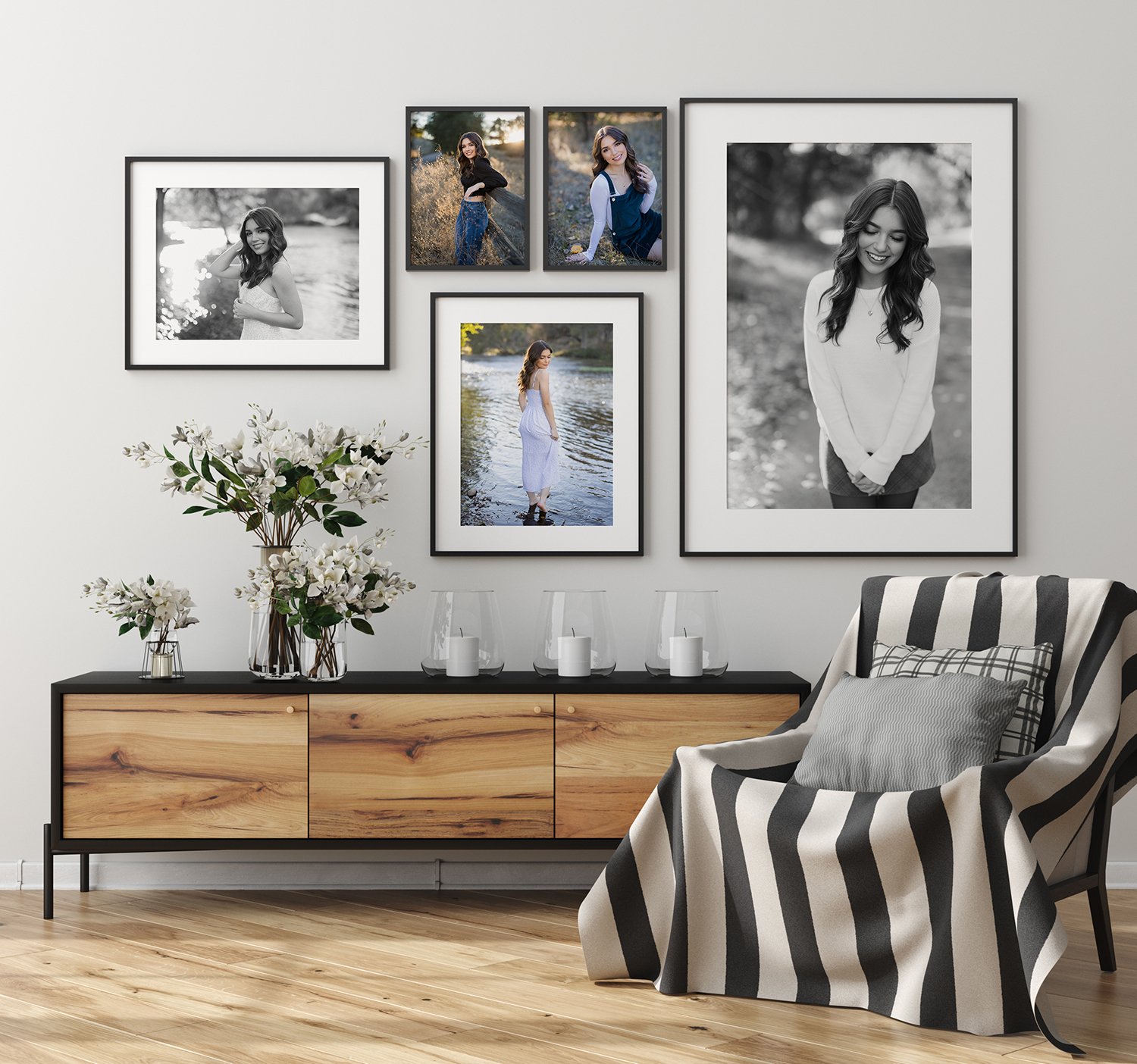 Gallery wall of framed high school senior portraits featuring a Roseville senior photographed outdoors, showing custom wall art from her senior portrait session.