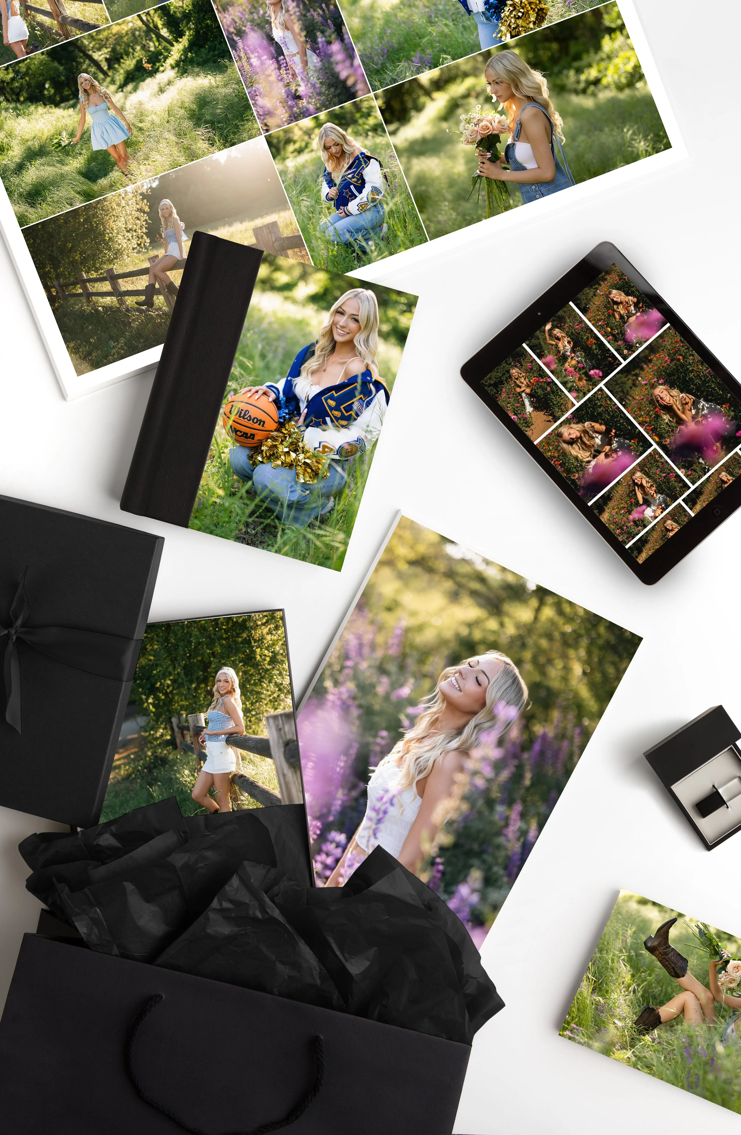 Linden High School senior portrait collection featuring an album, printed photos, wall art and digital images from a summer senior session near Lodi, California.