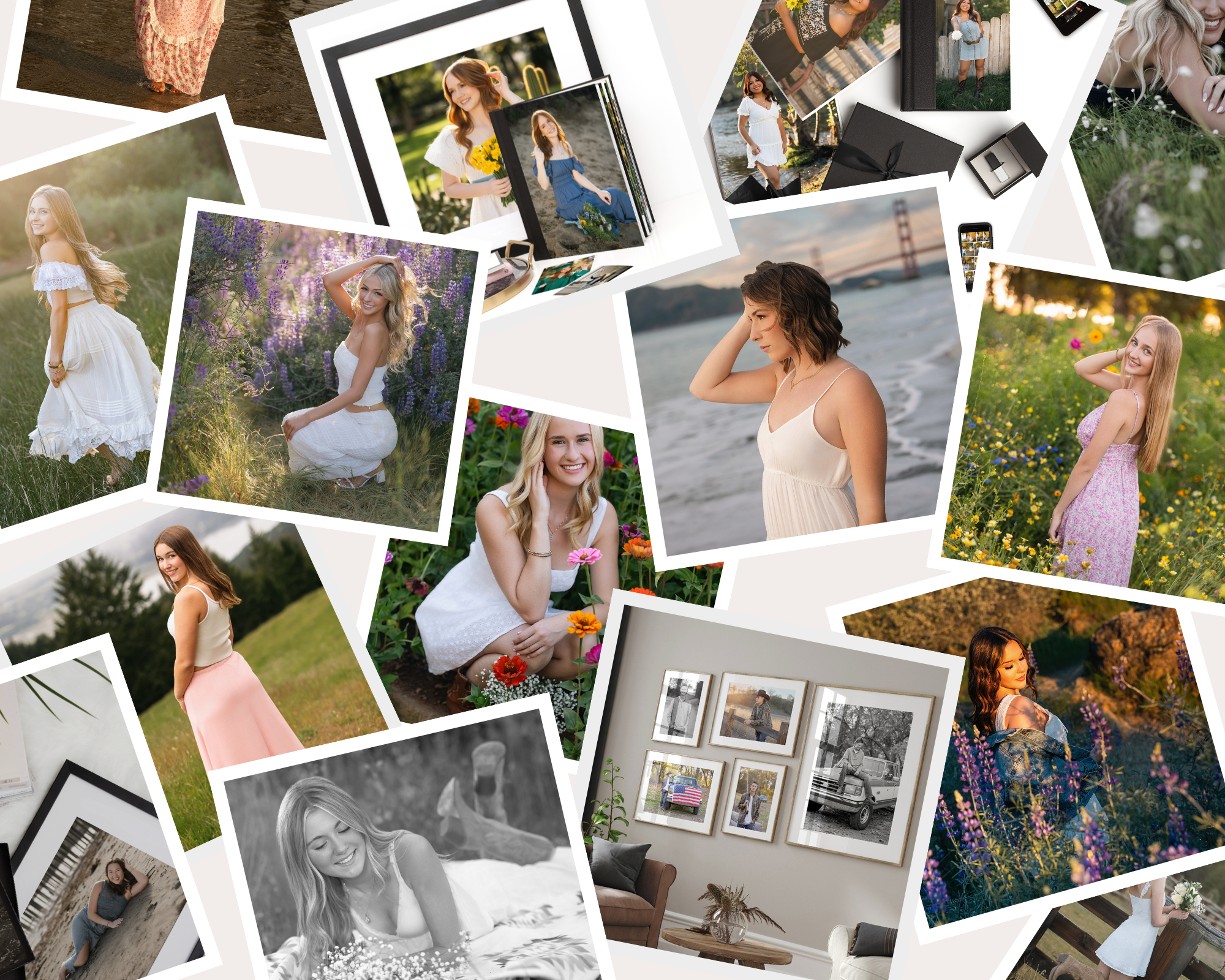 A collage of senior pictures and senior products by MC senior photo