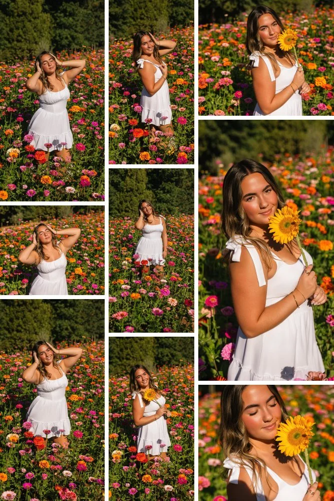 Summer Senior pictures in a flower field of a girl in a white dress