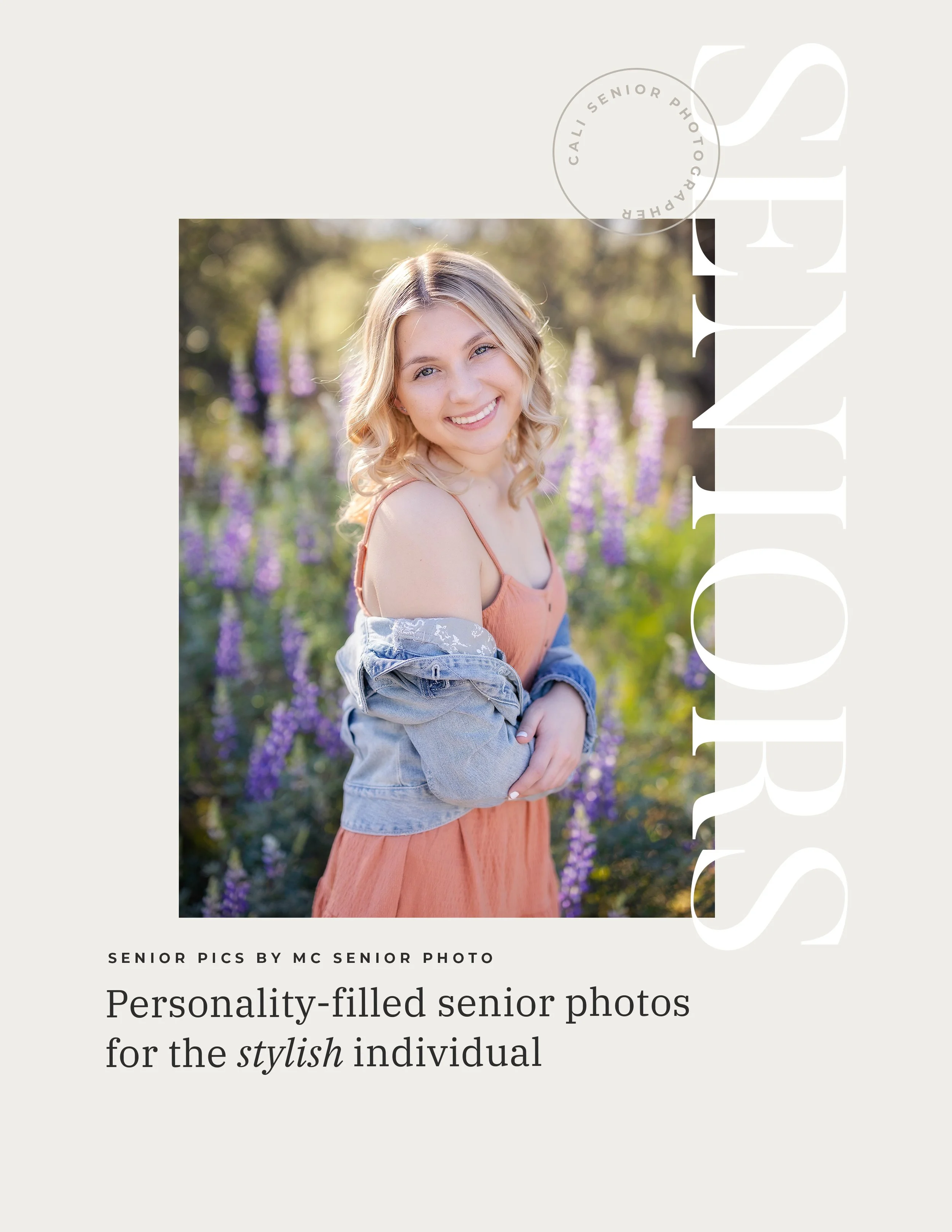Senior picture of girl wearing a dress and denim jacked in a flower field