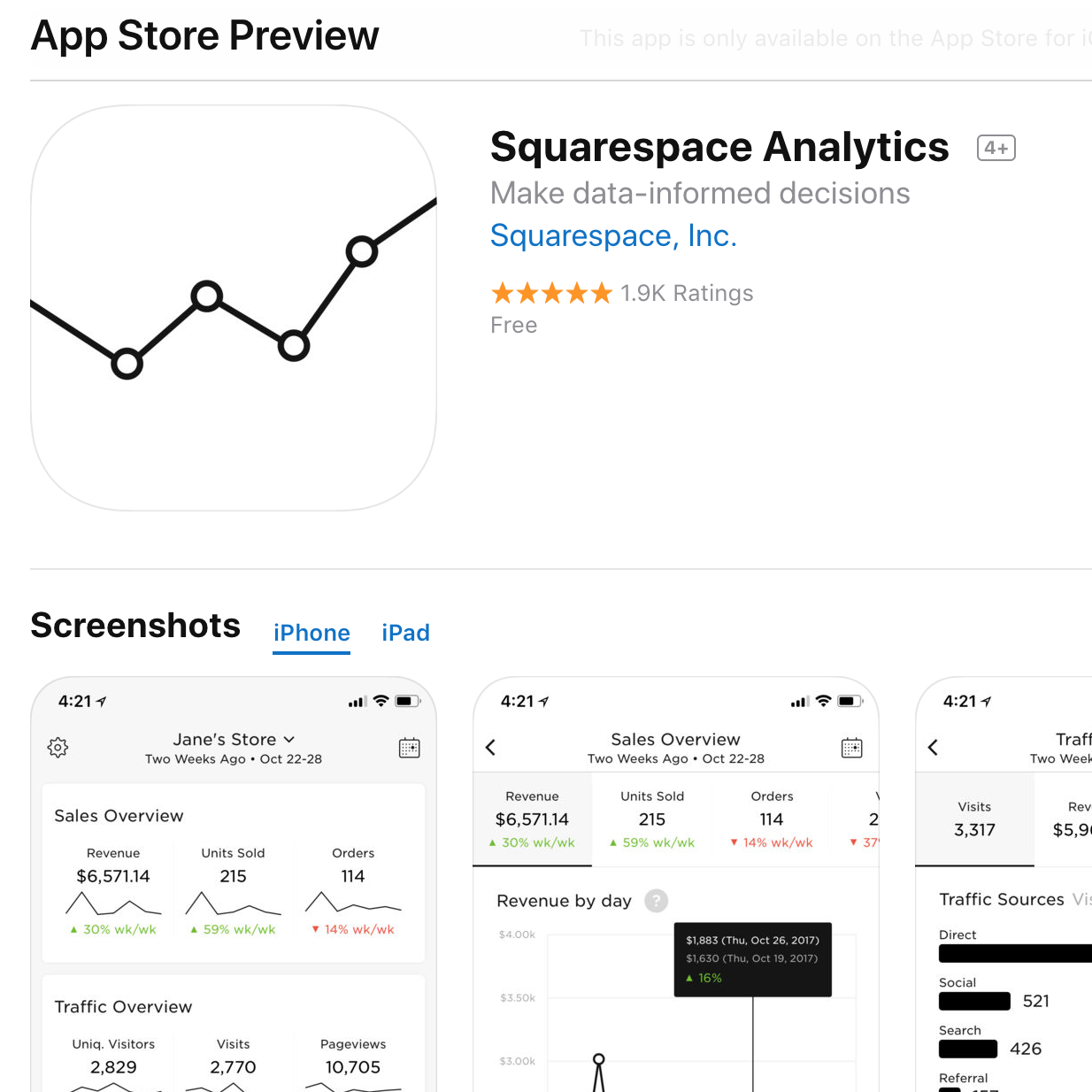 Squarespace Analytics iOS, Android apps - 4.9 star avg rating