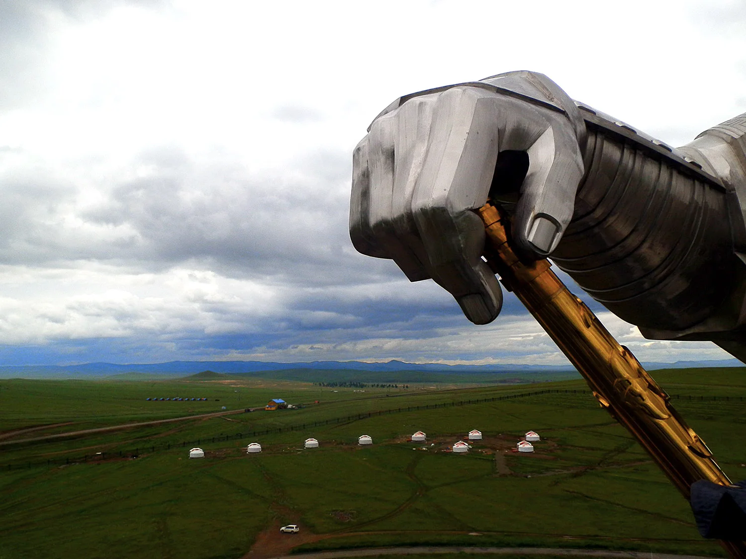 An enormous hand looms over the Genghis Khan Statue Complex. The exit onto the viewing platform is through his crotch! Since Mongolia became a democracy, Genghis Khan has become a new national hero.