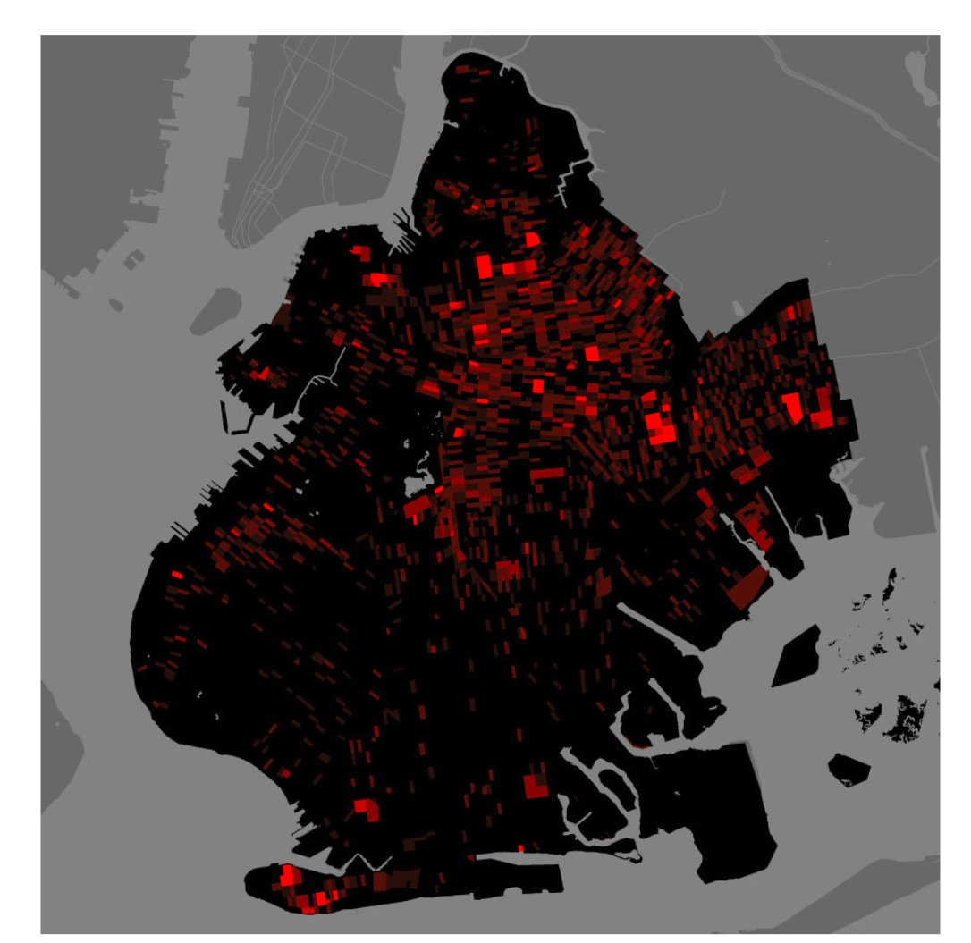 © Million Dollar Blocks — Highlighting prison expenditure per block in Brooklyn, NYC, 2003, represented as dollars