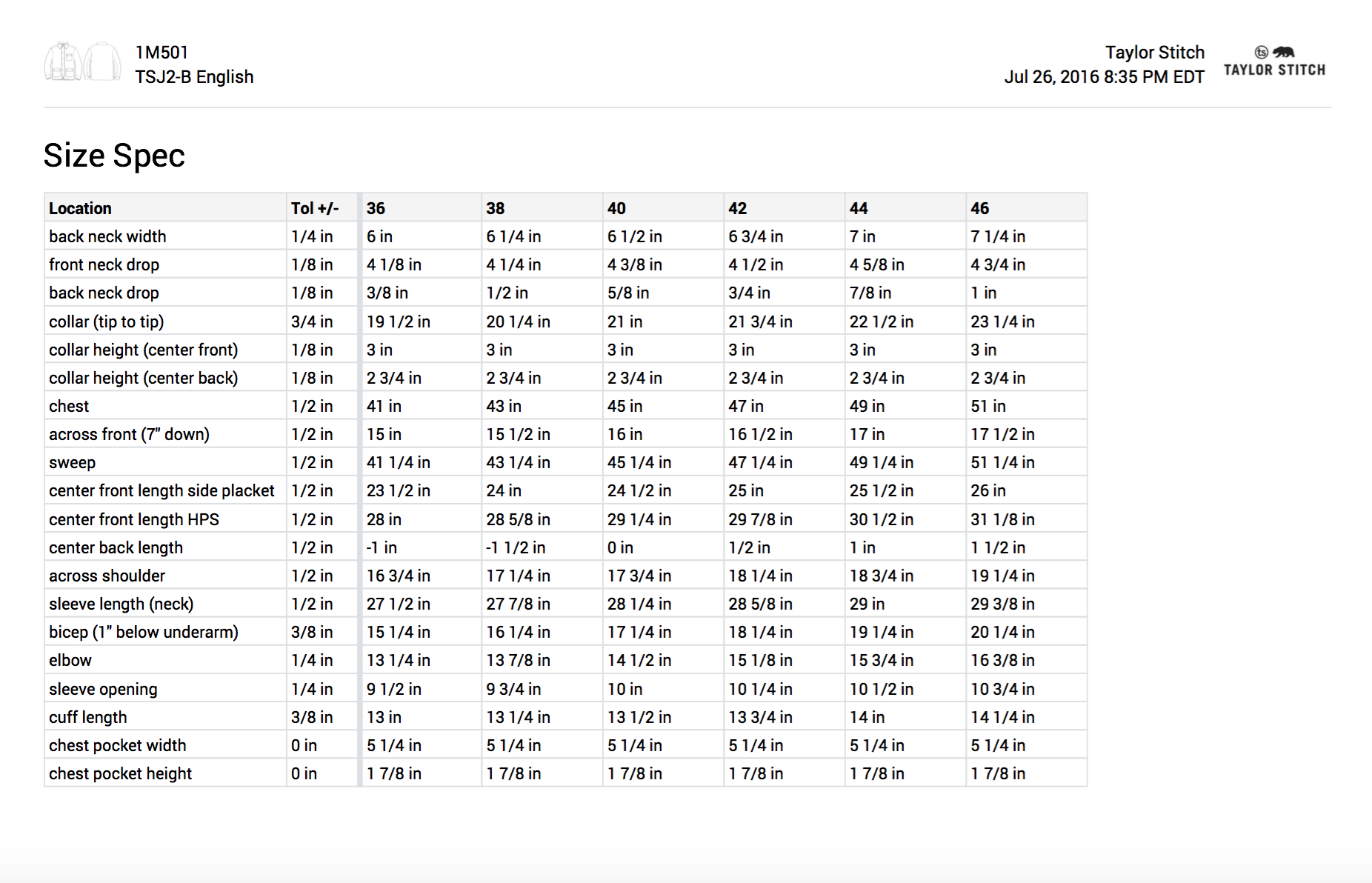 Bill of materials and size spec information.
