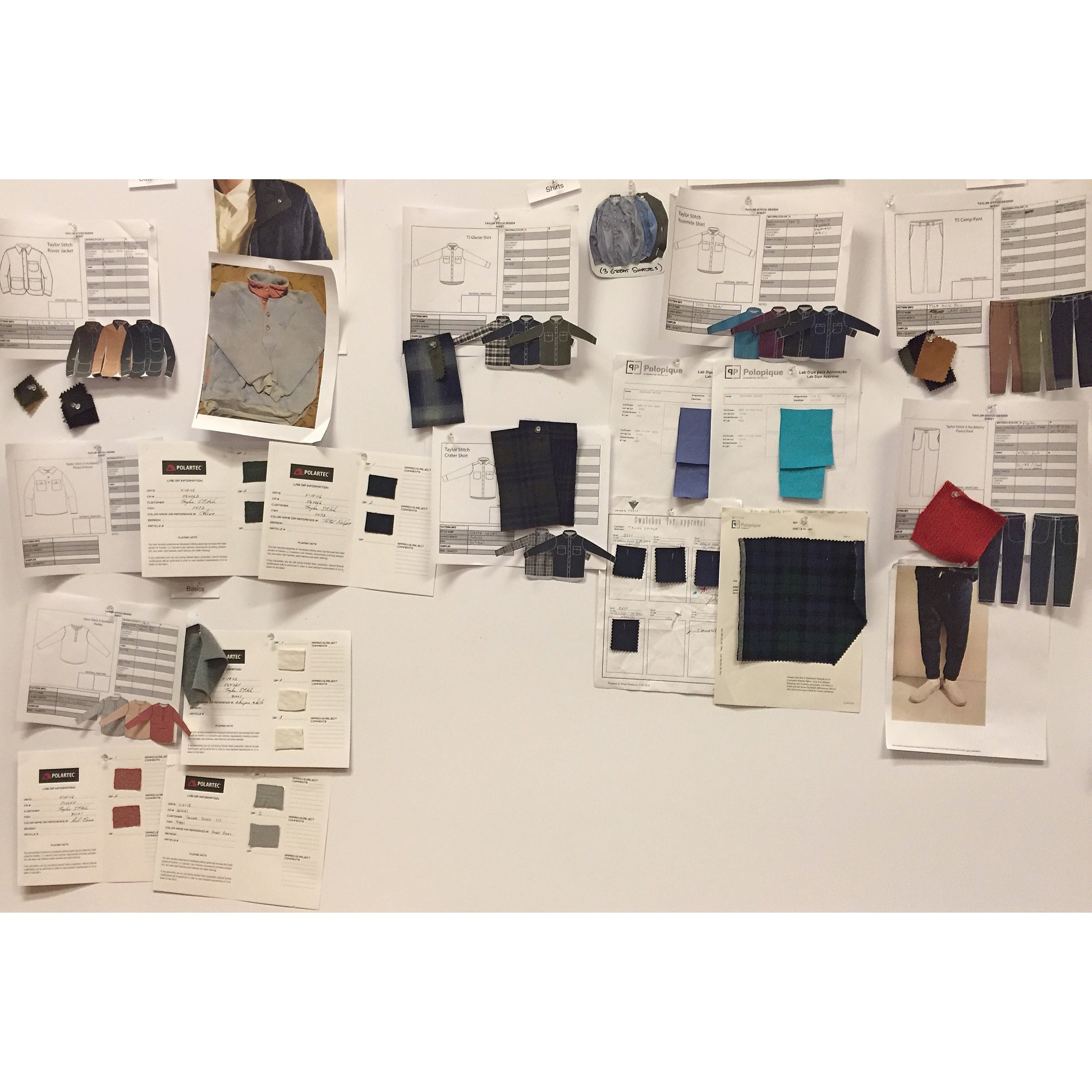 Fabric finalization process for Huckberry collection consisting of some inspiration, fabric swatches, technical drawings and lab dips&nbsp;