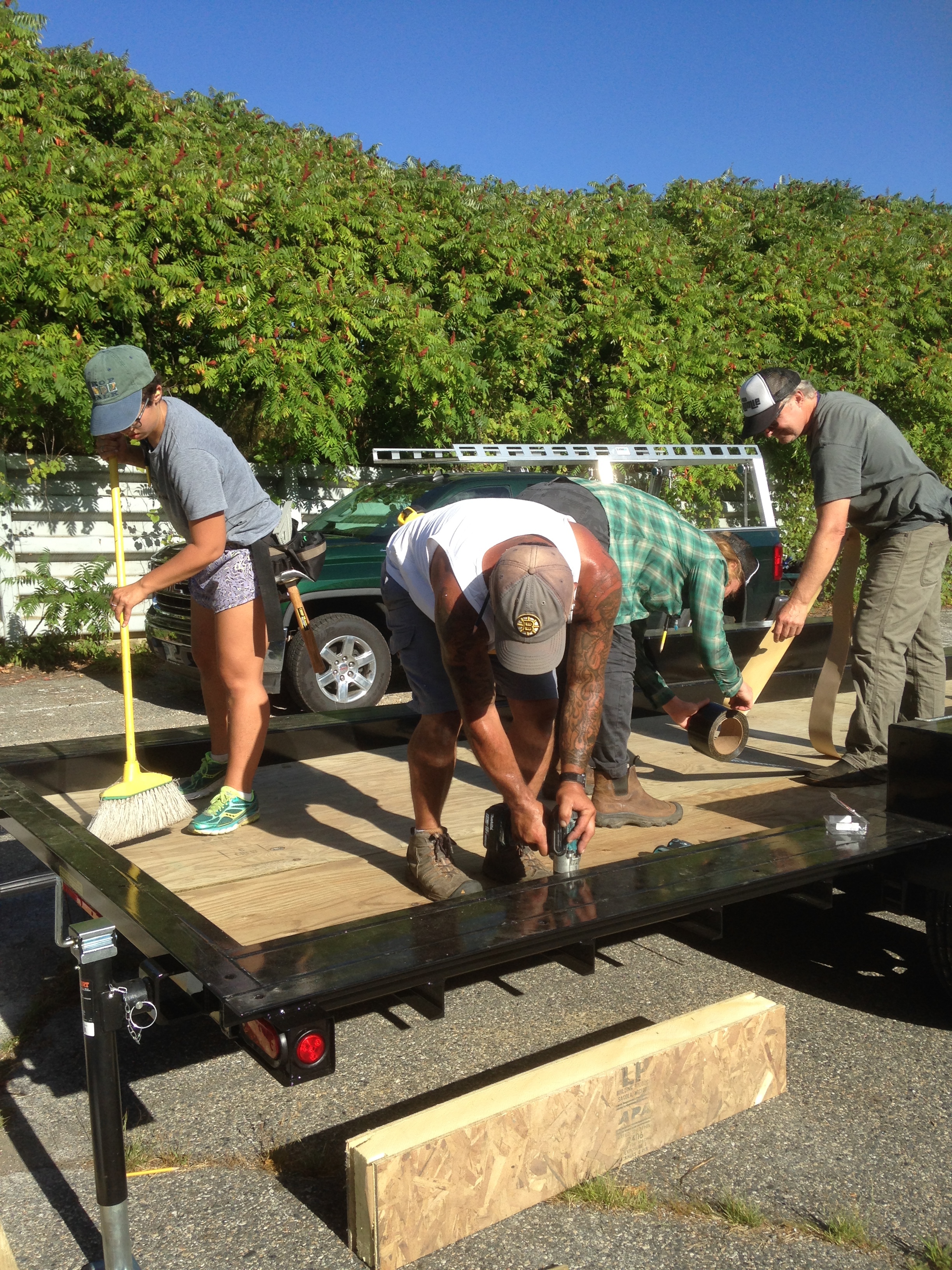 The trailer and the floor system are almost ready to be joined after Day 1 of the O'Keefe Tiny House Build Blitz!