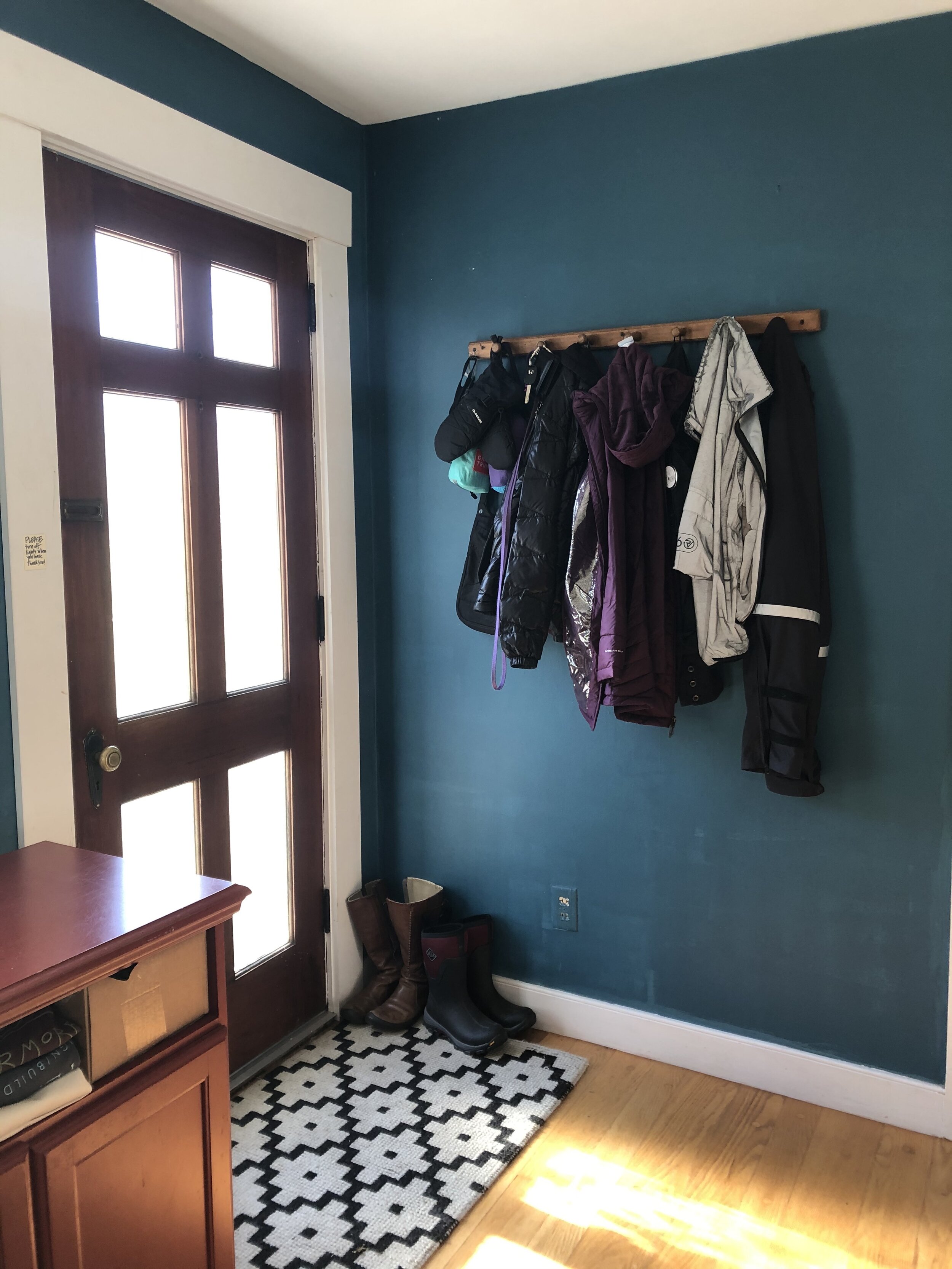 Here’s the landing pad of my Brattleboro landing pad. A spot for coats, boots, mittens, bags.