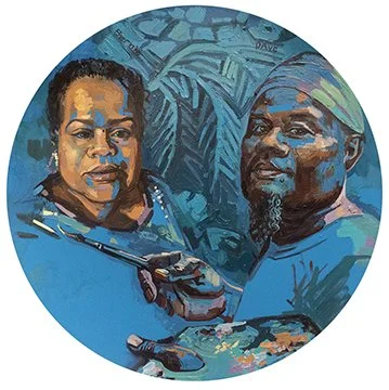 Me Painting You Painting Her

 

 2020, Oil on paper on panel, 22 inch diameter  Private Collection. Missouri, USA 