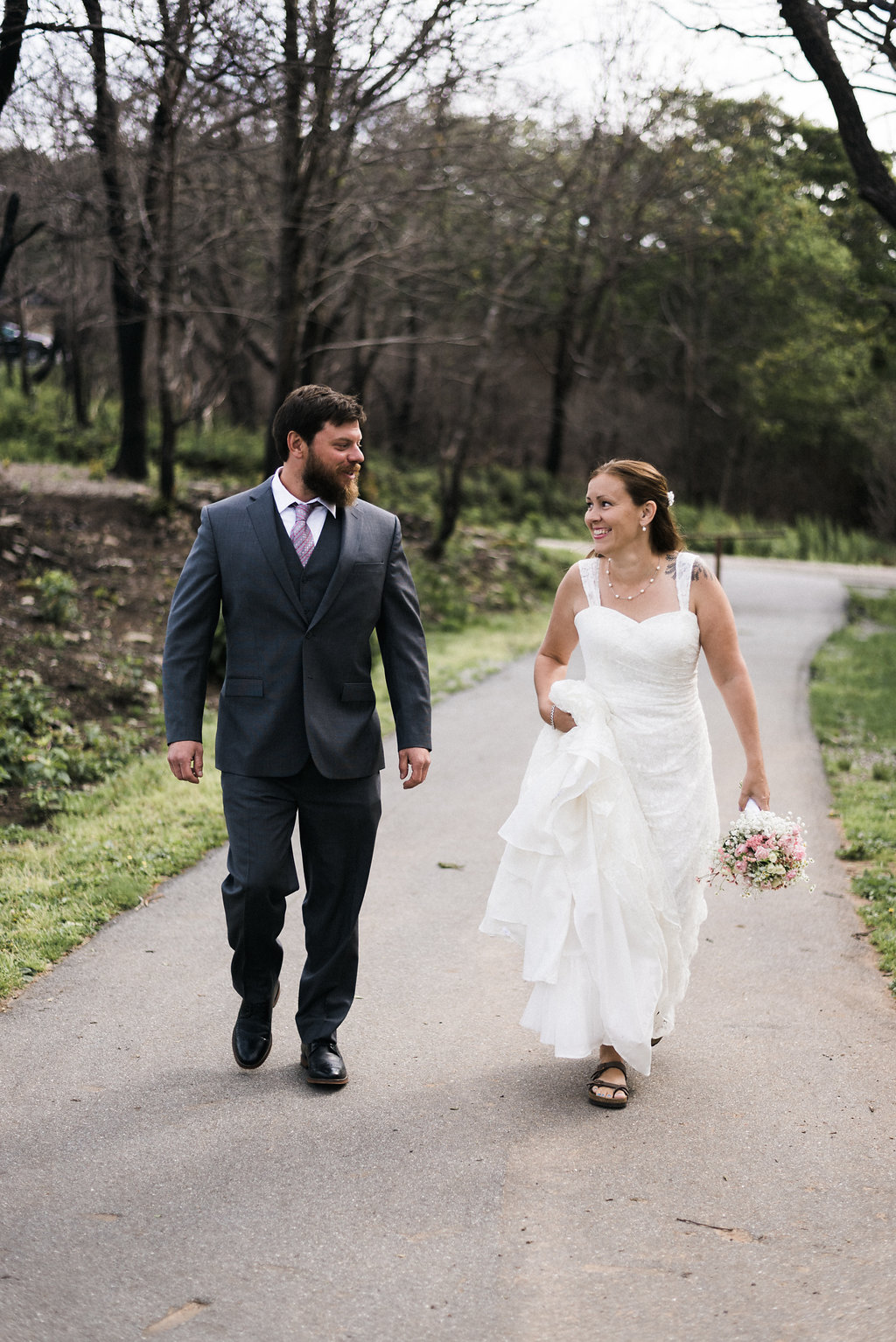 Bride and groom walking together