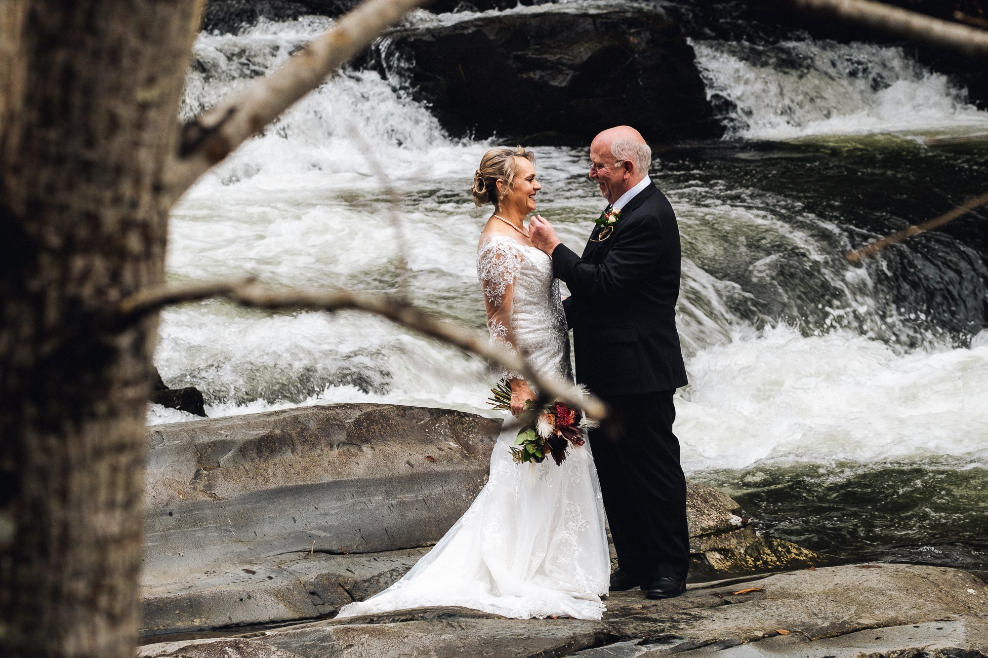 Candid nantahala waterfall wedding portrait