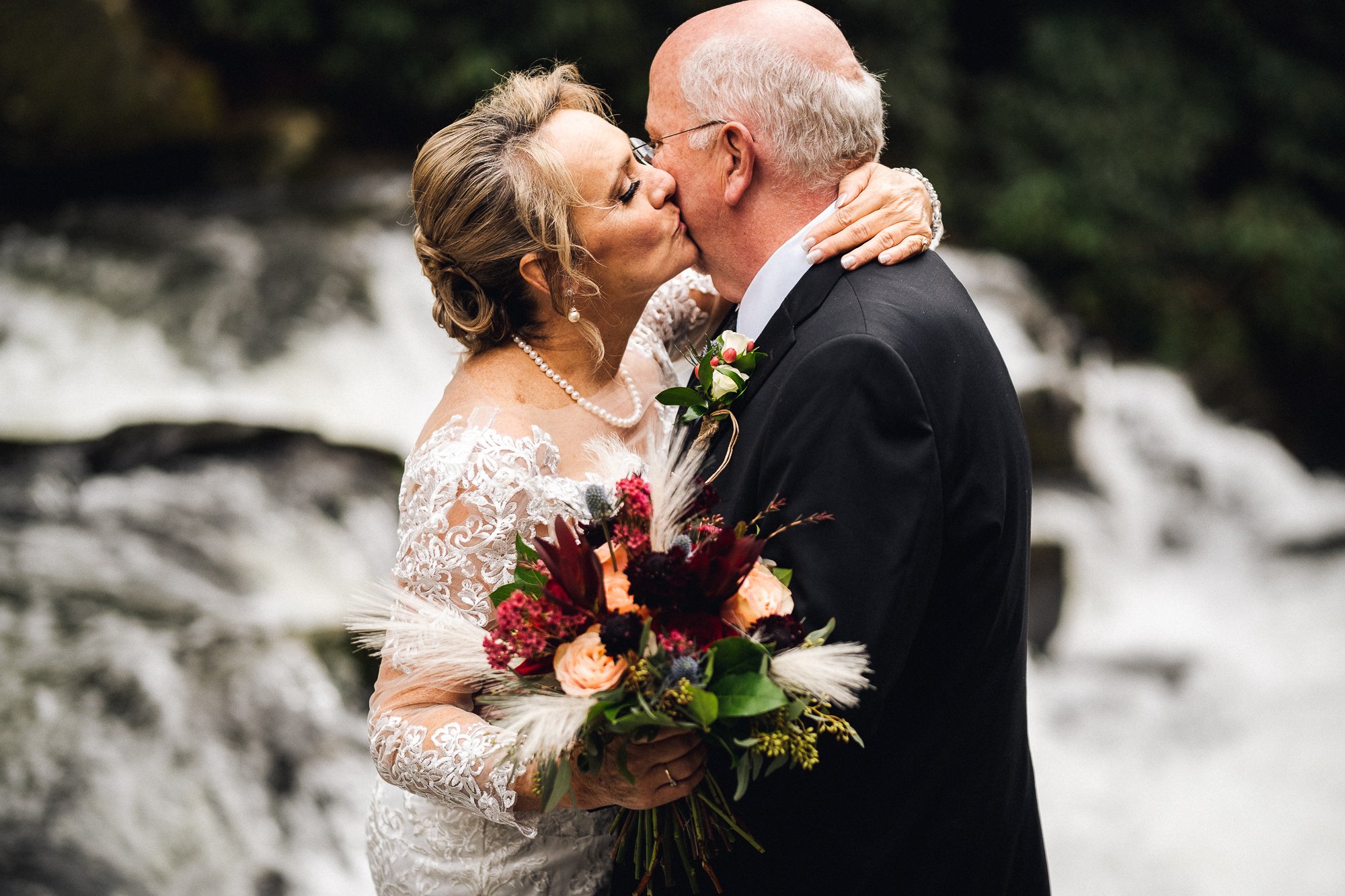 Wedding kiss on Nantahala waterfall