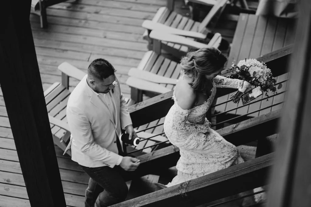 Black and white intimate portrait of Erin and William during their Blue Ridge Georgia cabin elopement, Blue Ridge GA intimate wedding photographer Appalachian Wedding Photography