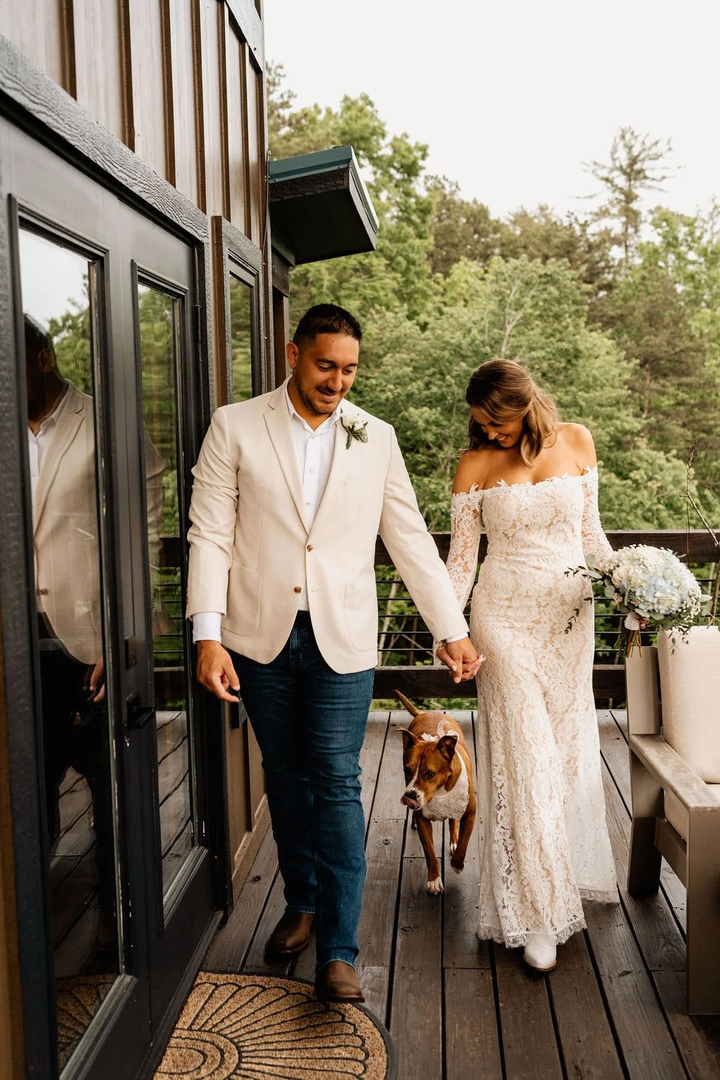 Erin and William's intimate cabin dawn elopement with mountain mist visible through the trees, Blue Ridge GA intimate wedding photographer Appalachian Wedding Photography