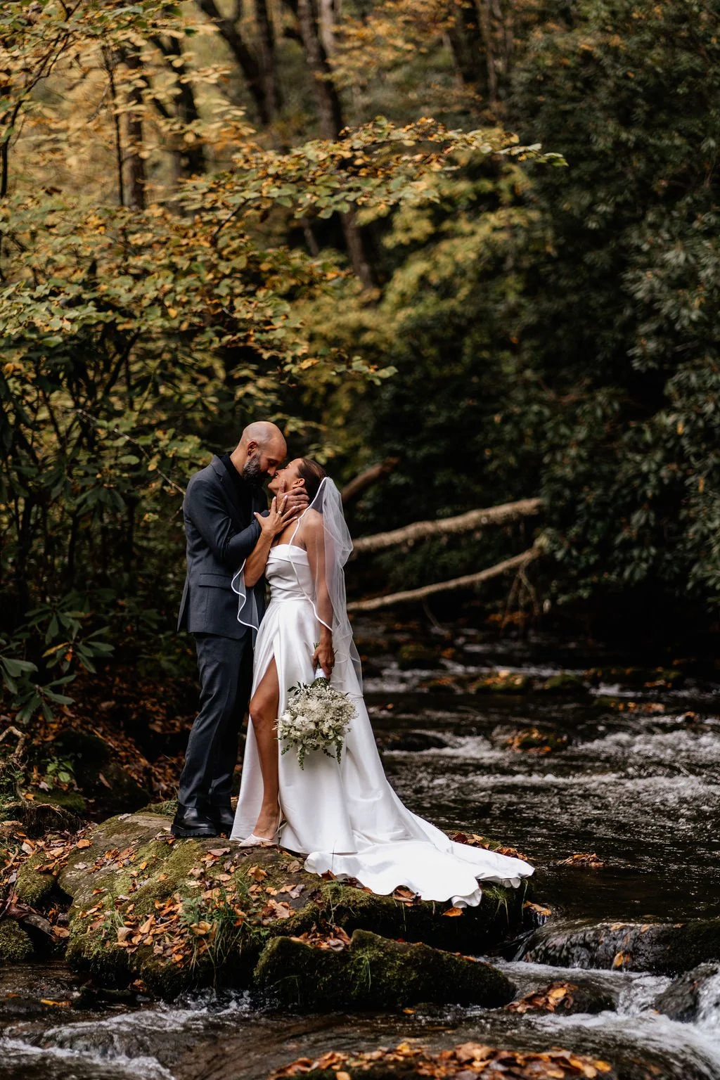 Jason and Cayli intimate portrait on the cabin porch during their Blue Ridge Georgia mountain wedding, photographed by Appalachian Wedding Photography