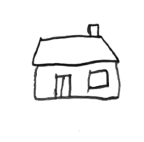 A simple line drawing of a house with a chimney and a window.