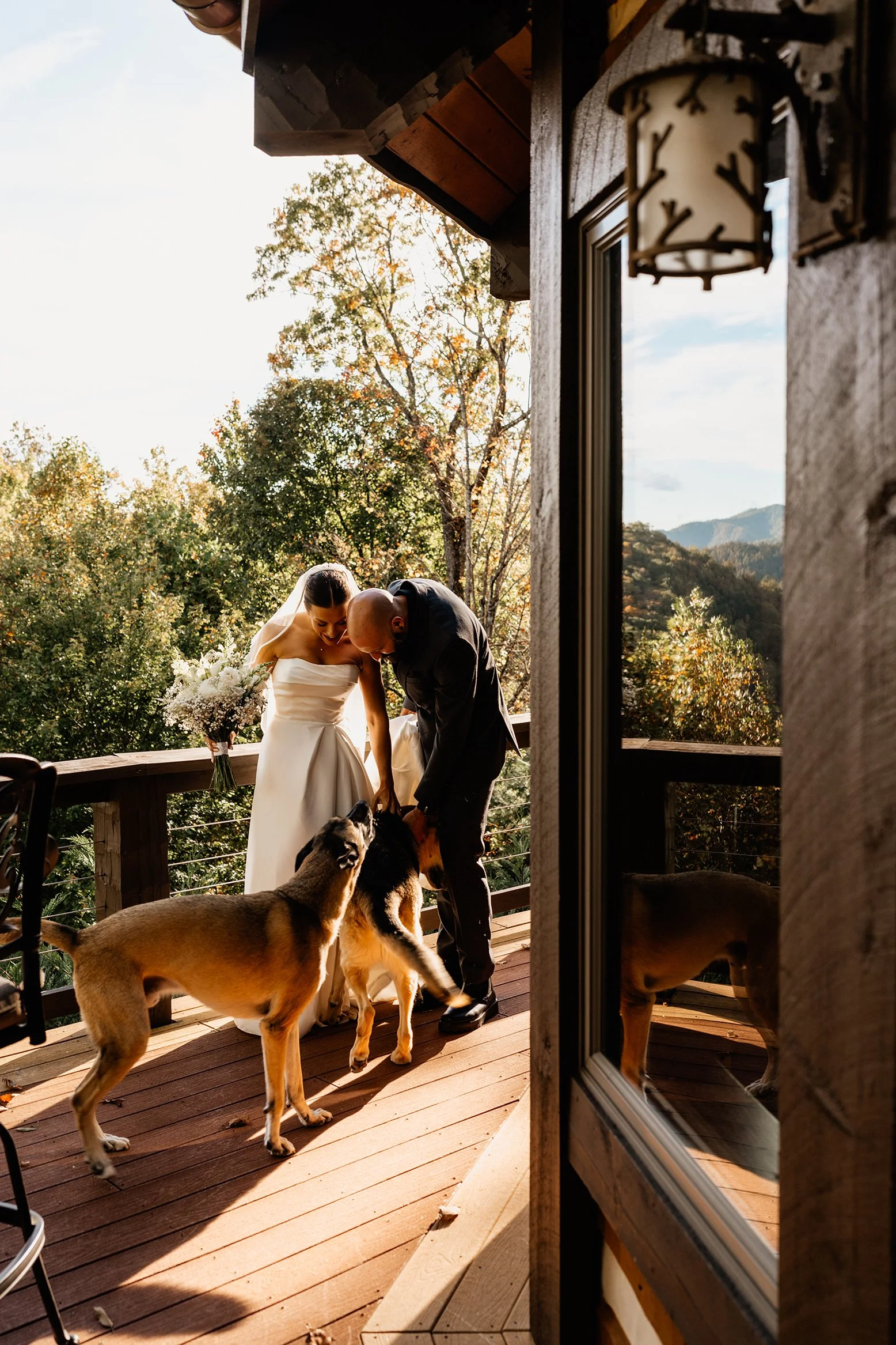 Jason and Cayli with their dog on a cabin deck during their Appalachian mountain wedding