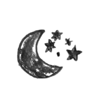 Black and white illustration of a crescent moon and five stars