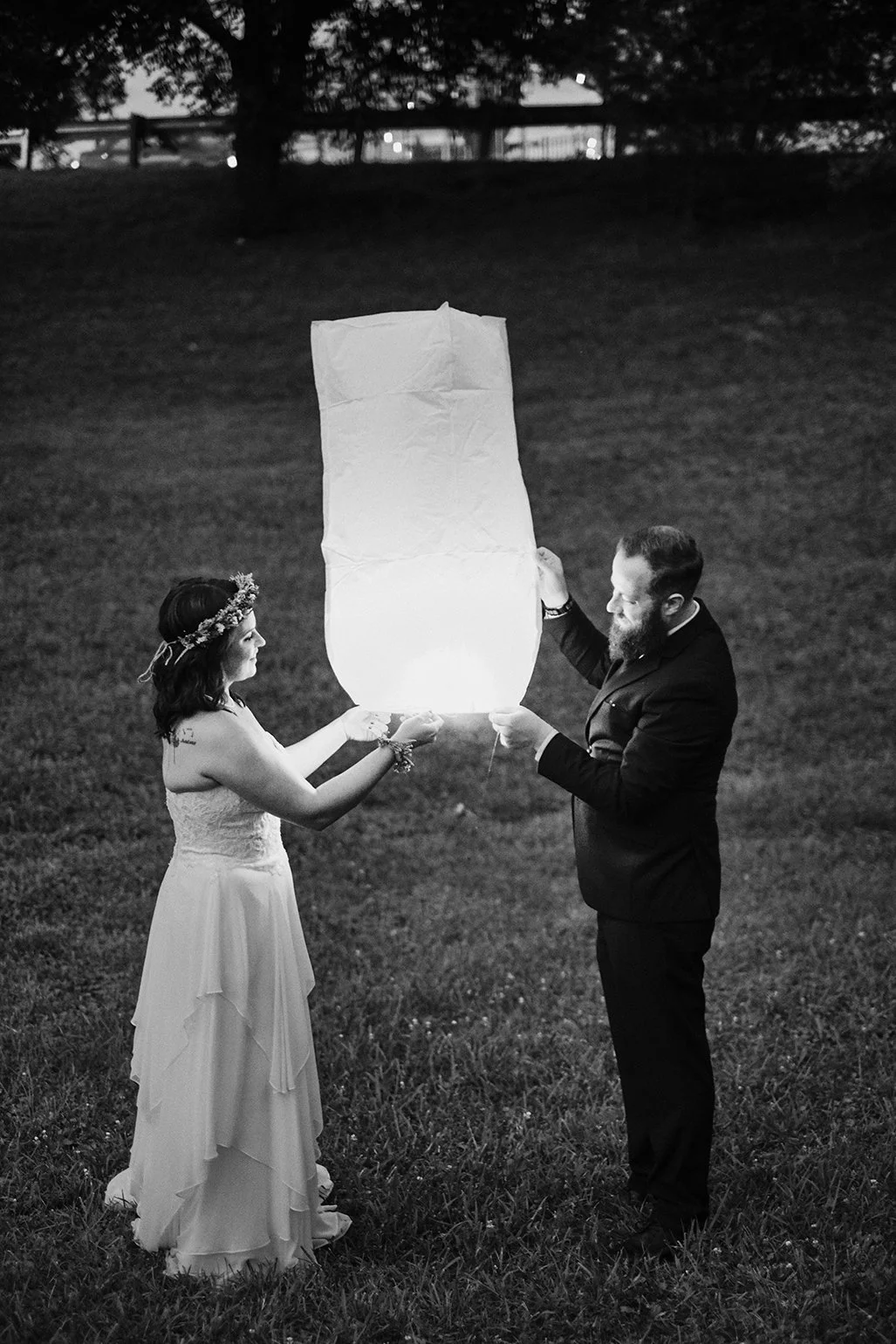 Lantern release at night during an intimate mountain wedding in Blue Ridge, Georgia