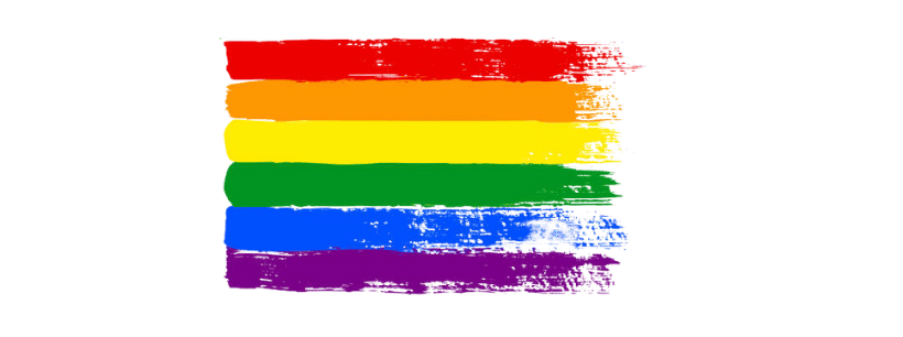 Painted rainbow flag with red, orange, yellow, green, blue, and purple stripes