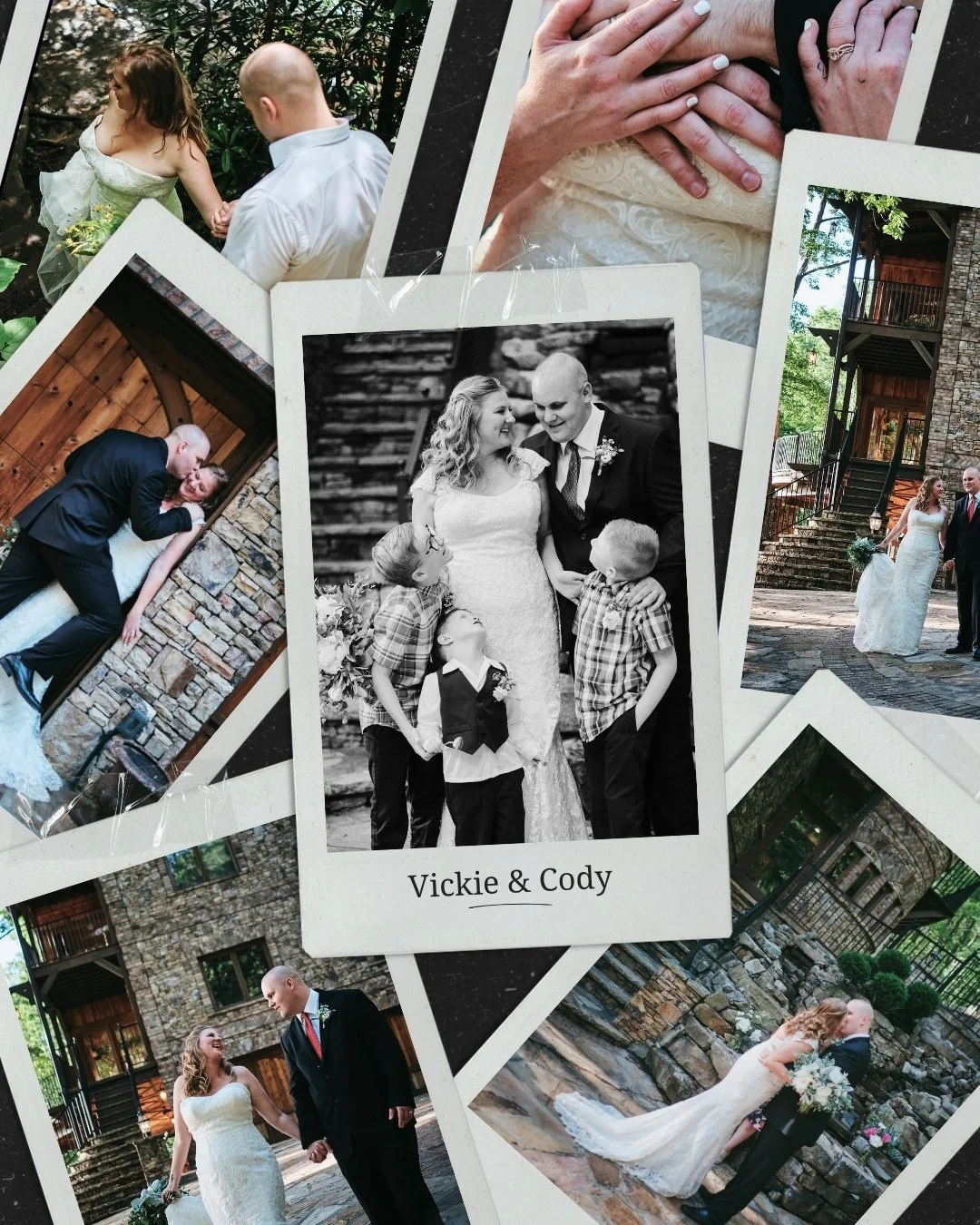 Polaroid-style collage of Vickie and Cody's Blue Ridge Georgia elopement including a forest walk, stone wall kiss, family portrait with their two sons, and wedding rings
