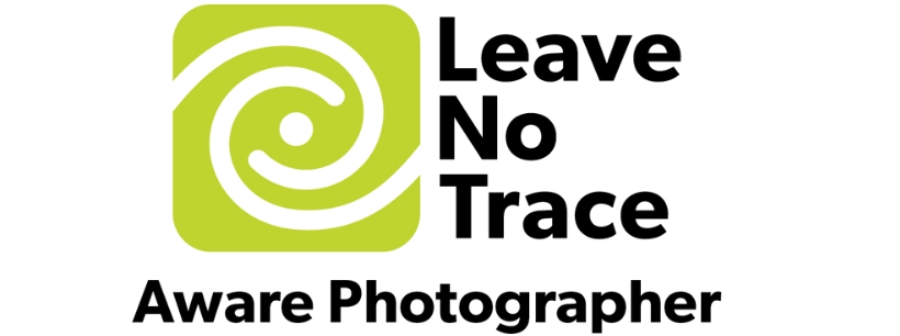 Leave No Trace Aware Photographer logo with a green spiral symbol and black text on a transparent background.