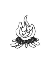 A line drawing of a campfire with flames above logs.