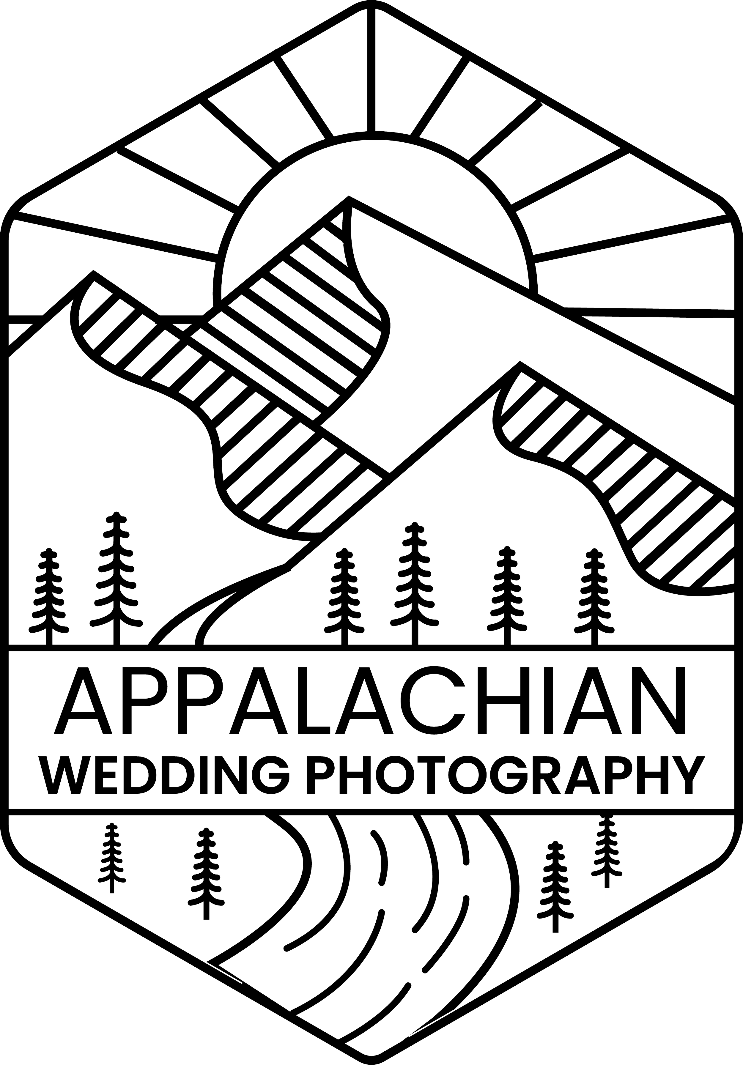 Logo for Appalachian Wedding Photography featuring mountain landscape, trees, and a winding road.