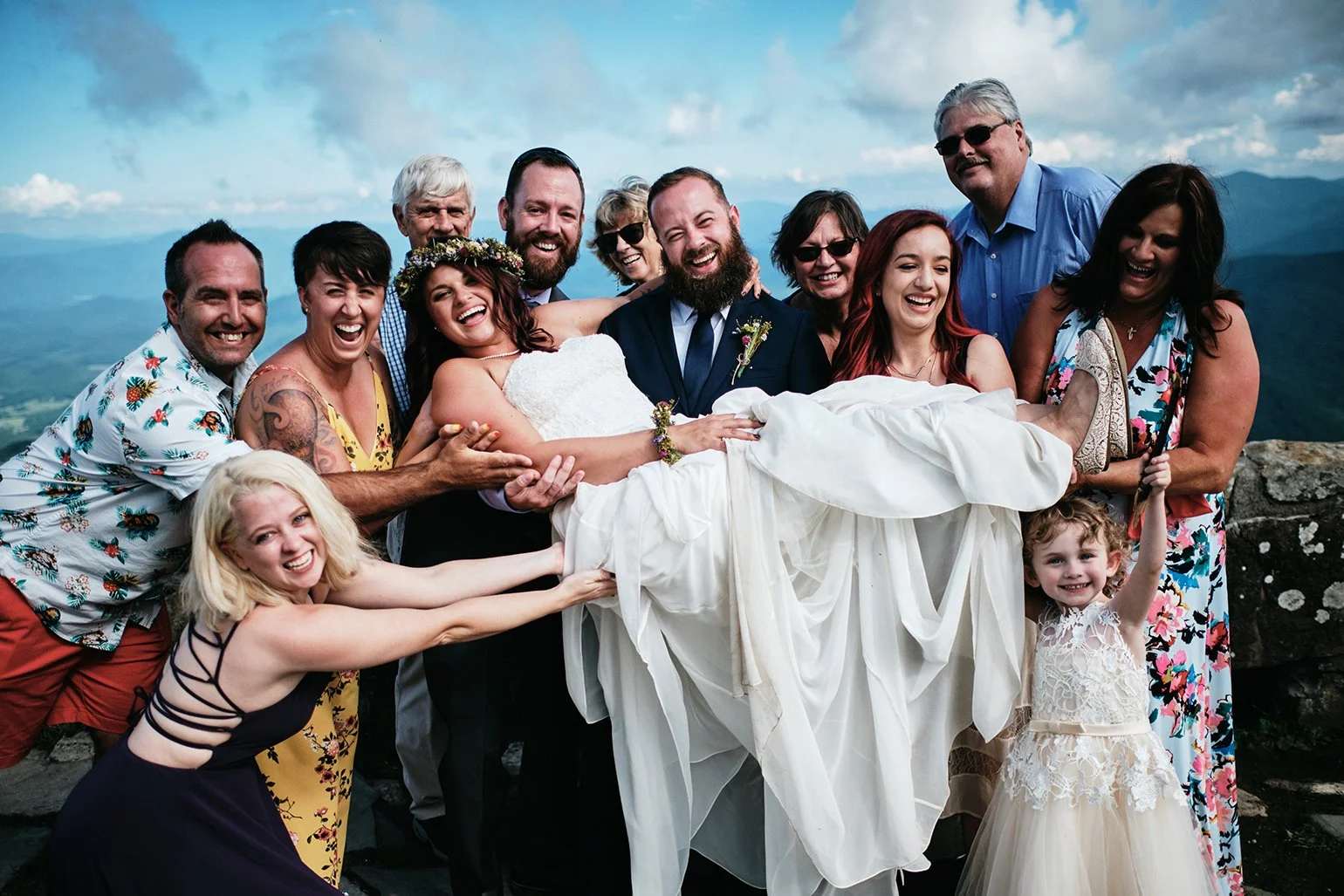 Small family group photo at a mountain overlook during a Blue Ridge, Georgia wedding