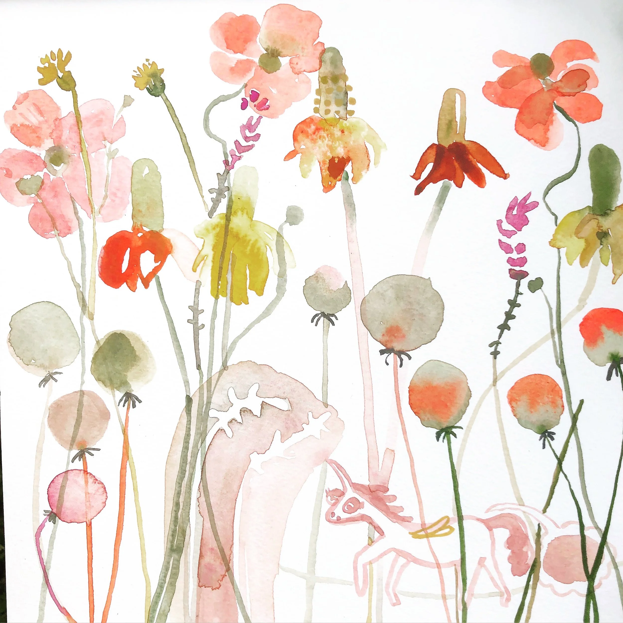 This is where I practice drawing Japanese Anemones, part of the brief, and somehow a unicorn snuck in there.