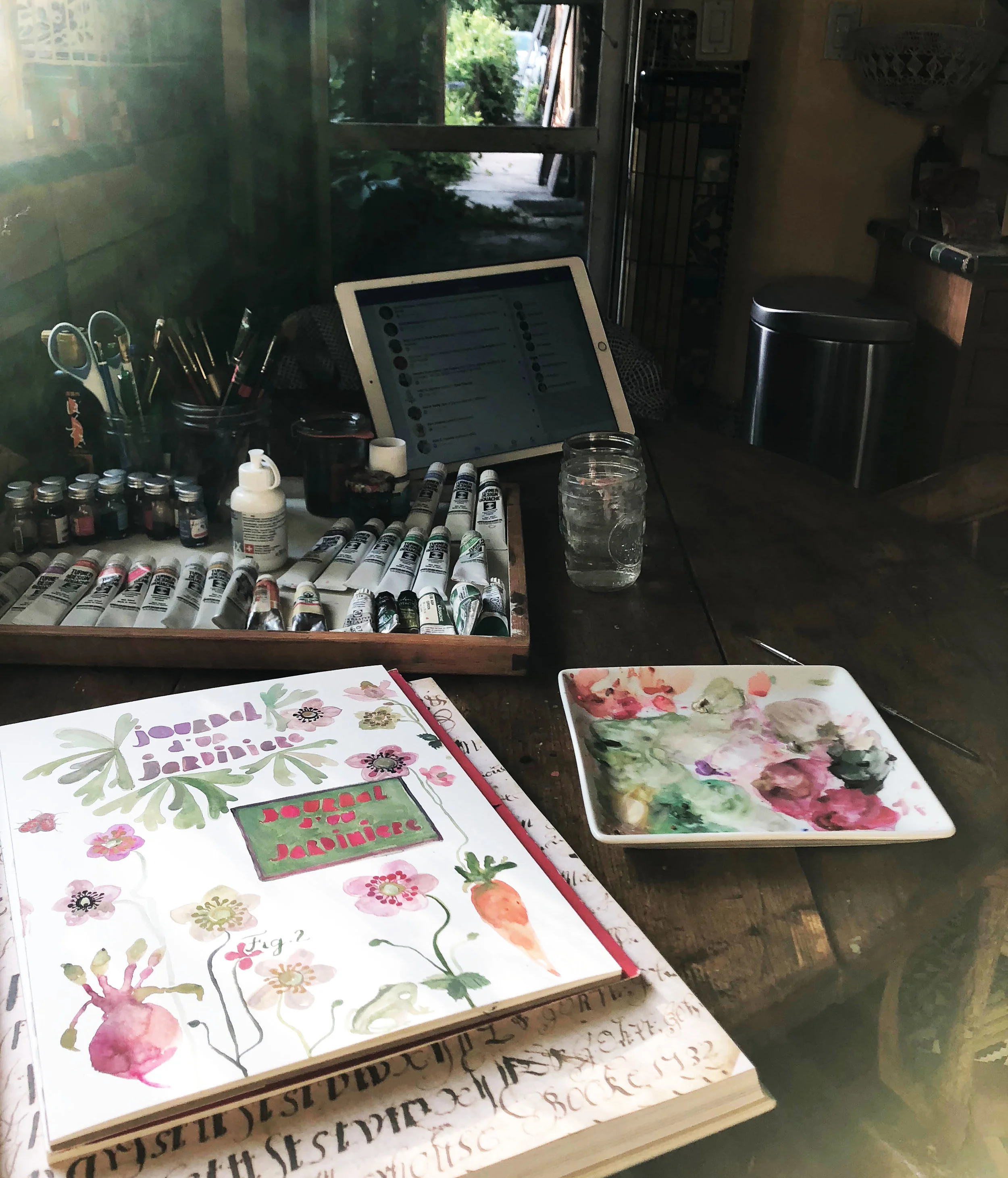 Big antique flower book ad a big real garden outside my door---inspo at the helm.