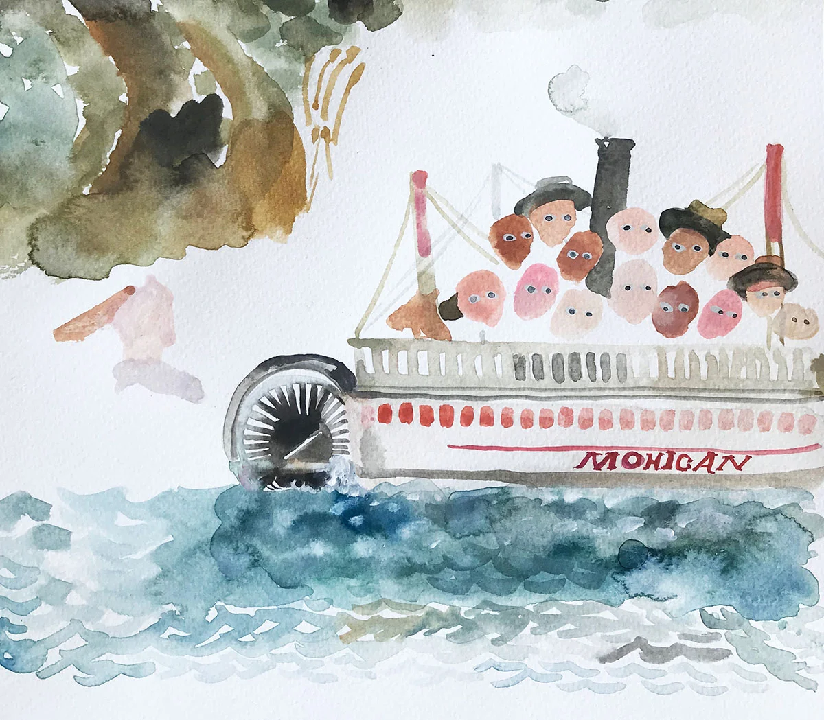A bunch of dudes with only eyes so far on a river boat.