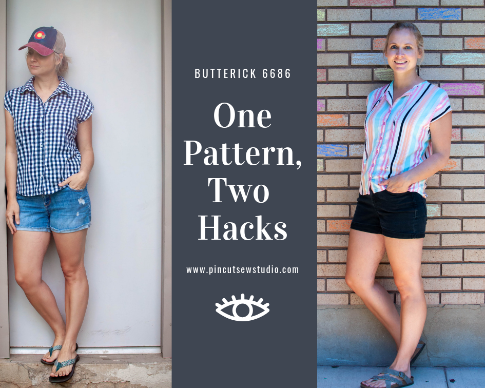Pattern hacking with Butterick 6686. Click over to see how I made two very different tops out of two very different fabrics, with one simple pattern. || PIn, Cut, Sew Studio