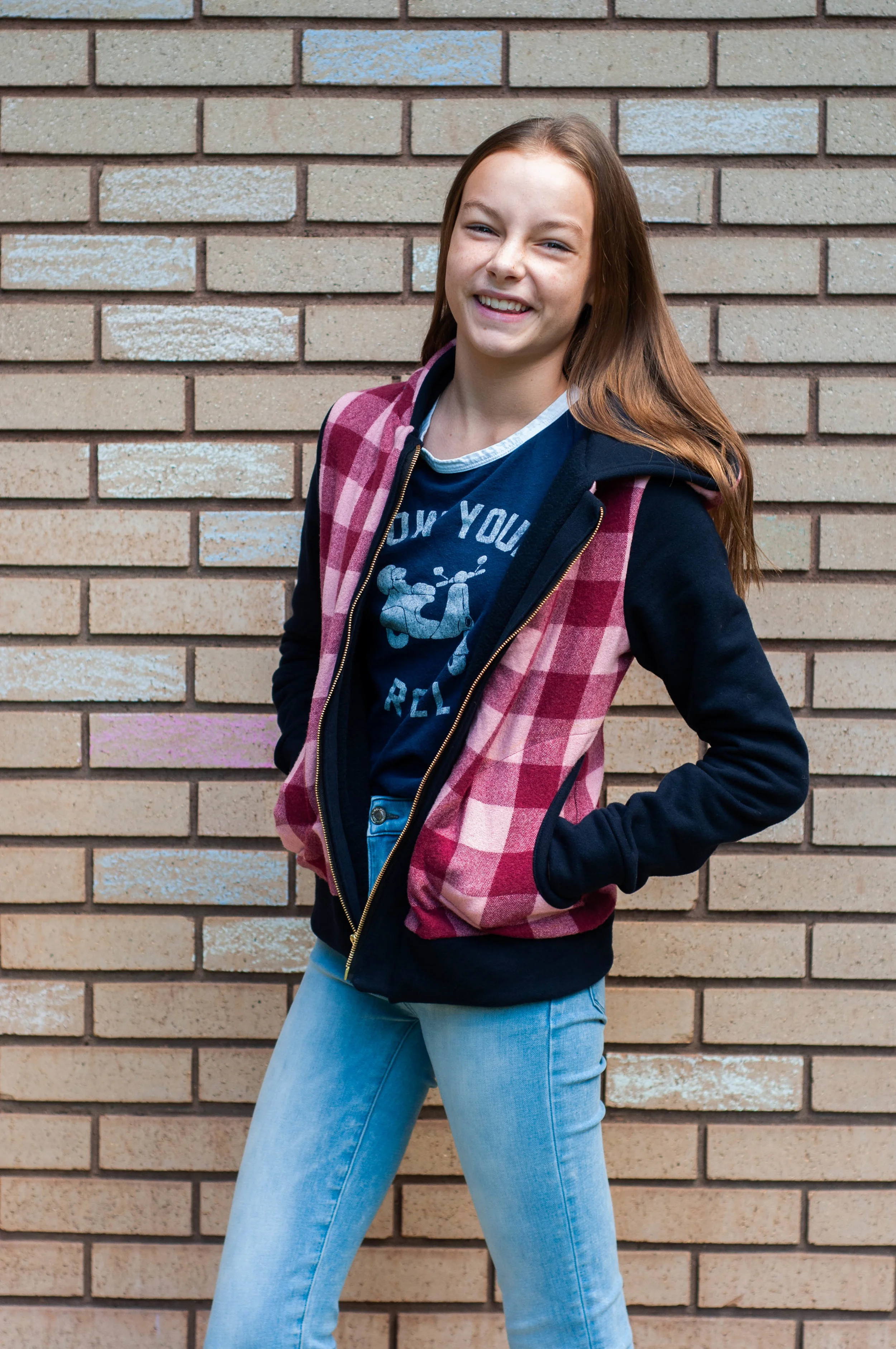 How I used to Hero Vest pattern to make a jacket by adding sleeves (and all with thrifted fabrics!) || PIn Cut Sew Studio #diyfashion #teensewing #jacketpattern #sewing