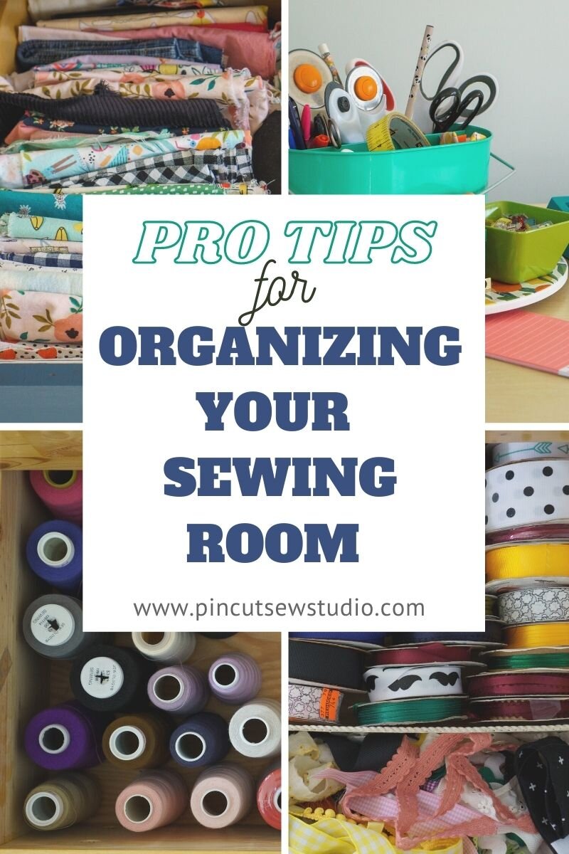 All my best tips for sewing and craft room organization! Learn how to keep your space clean, organized and clutter free, with good systems and good habits. || Pin Cut Sew Studio #sewingroom #craftroom #organization 