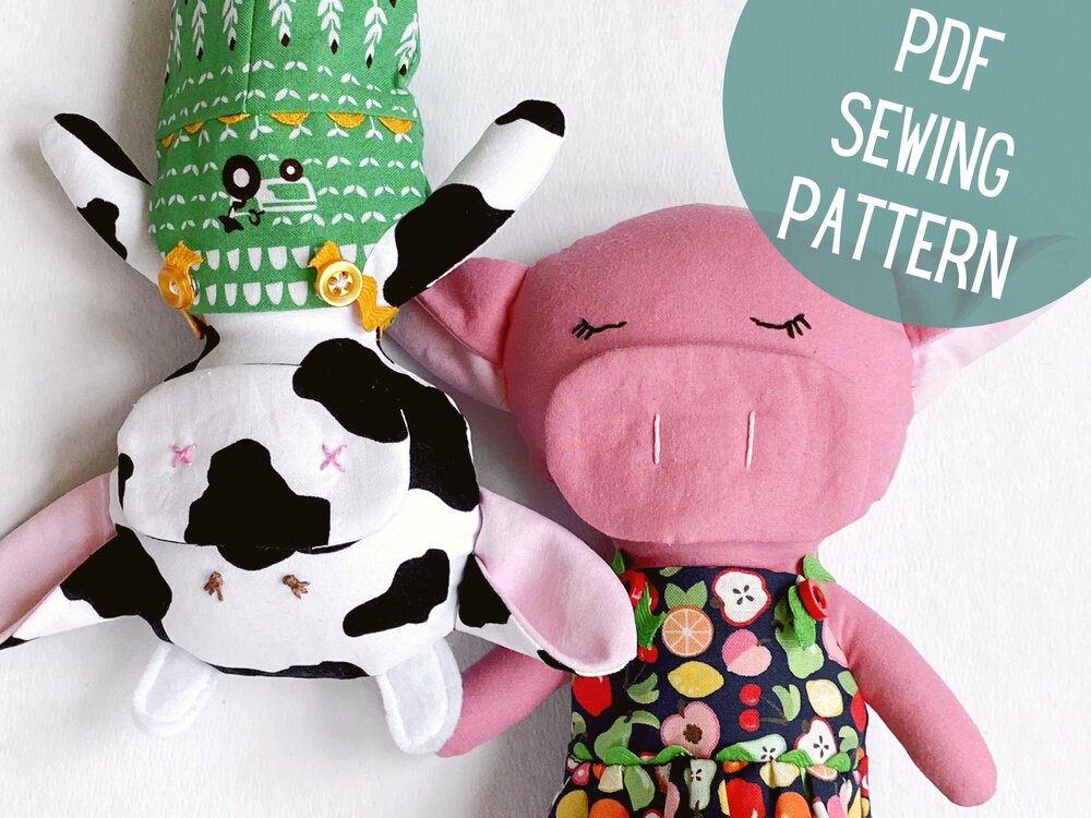 Animal Rag Doll Sewing Pattern: Cow & Pig with Clothes — Pin, Cut, Sew  Studio