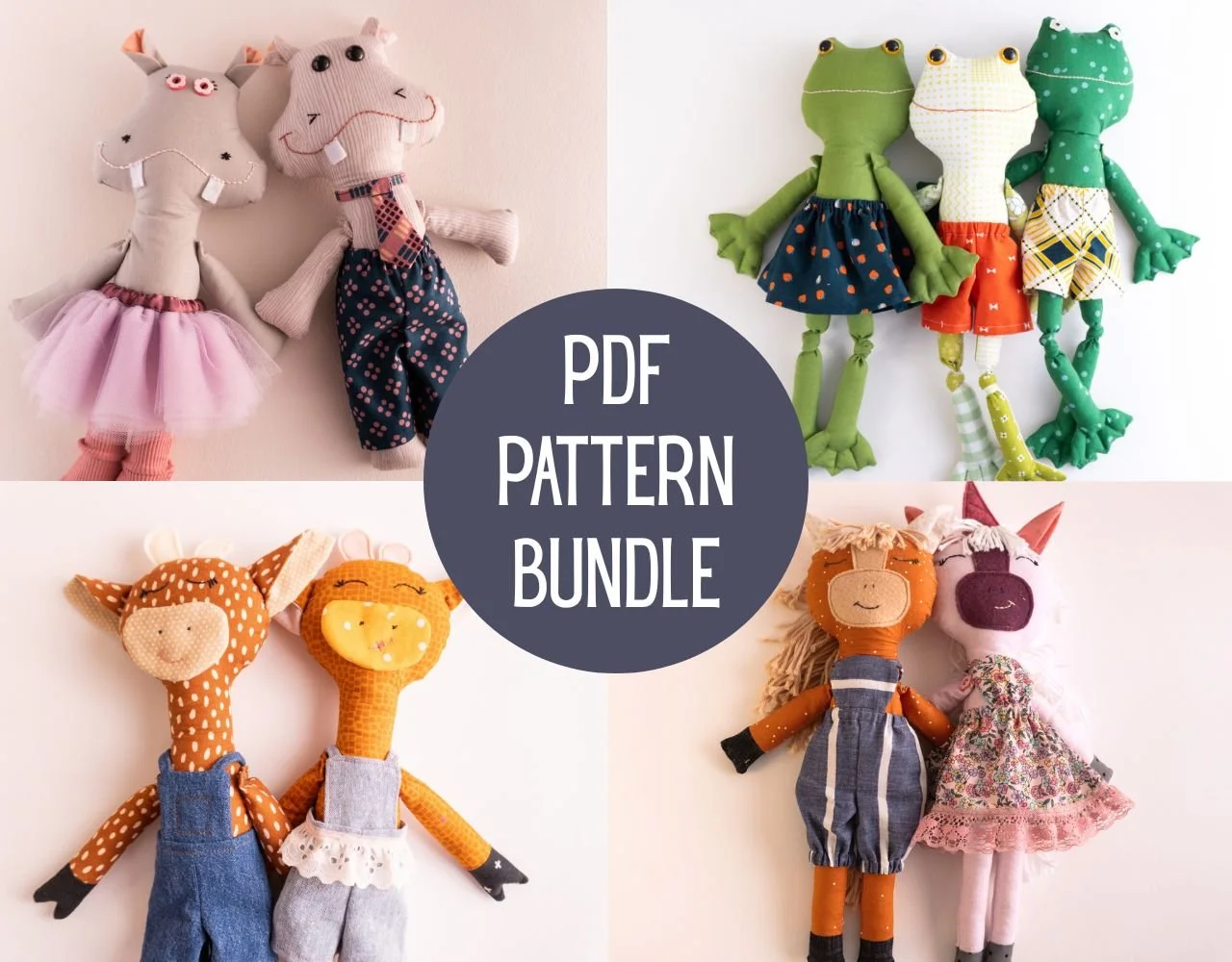 Animal Rag Doll Bundle: Frog, Hippo, Giraffe, Horse & Unicorn || PDF Sewing Patterns