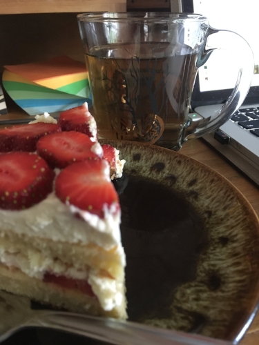 Currently drinking: Jasmine green tea with a slice of homemade Victoria sponge cake, made with fresh strawberries the hubs and I picked the other day.