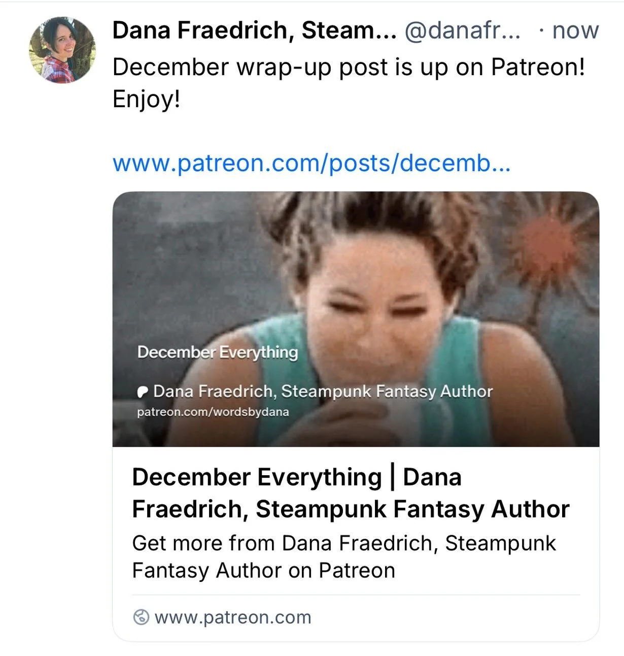 December wrap-up post is up on Patreon! Enjoy!

Patreon.com/WordsByDana