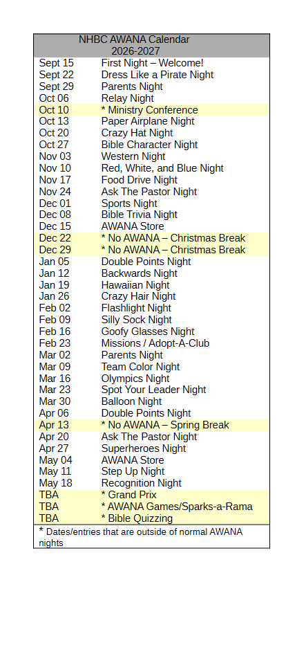 NHBC AWANA Calendar