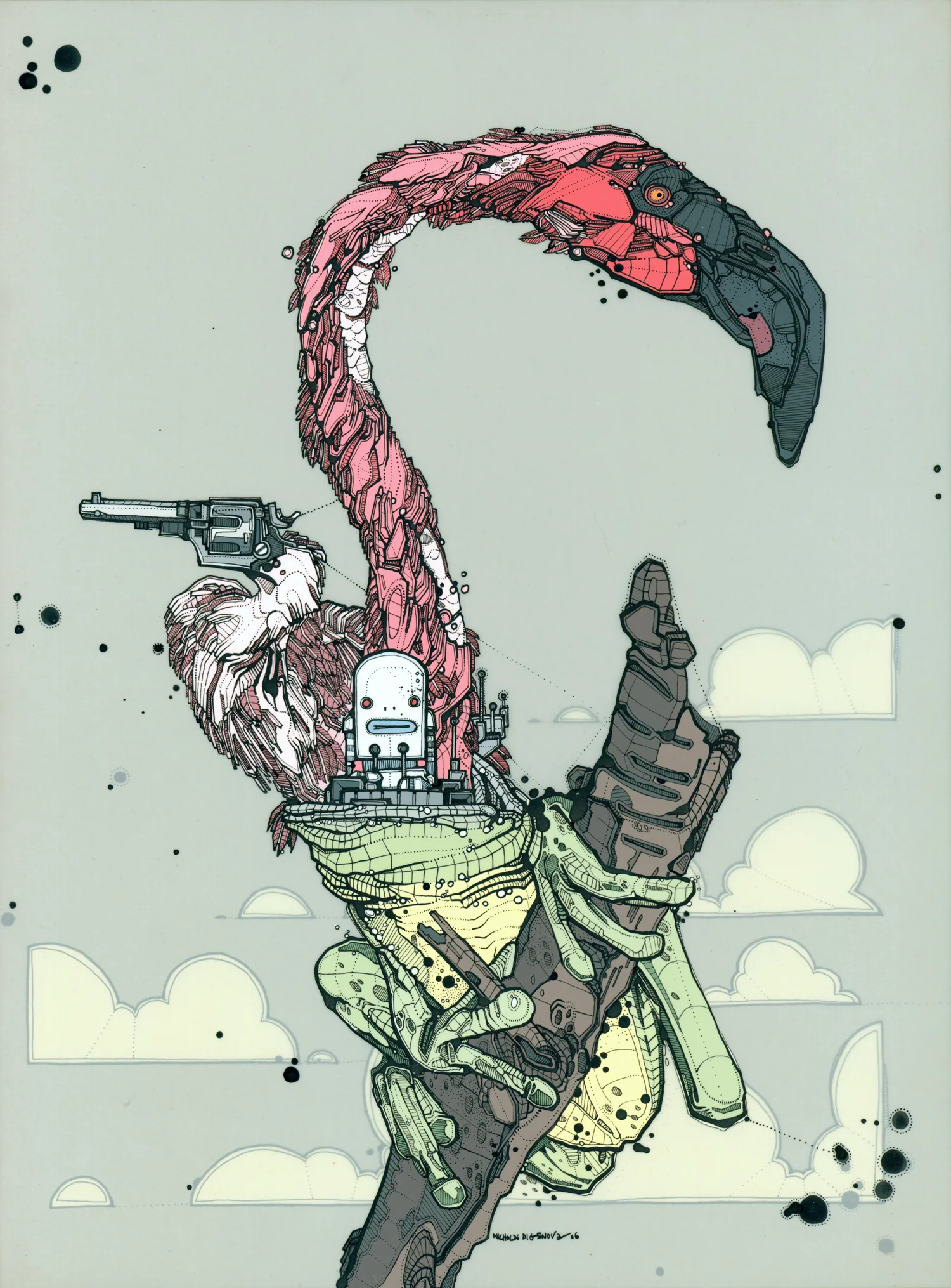 Bi-Faced Amphibious Climber Piloted by Member of the Series 7 Militia animation paint and ink on mylar, 11" x 15" 2006