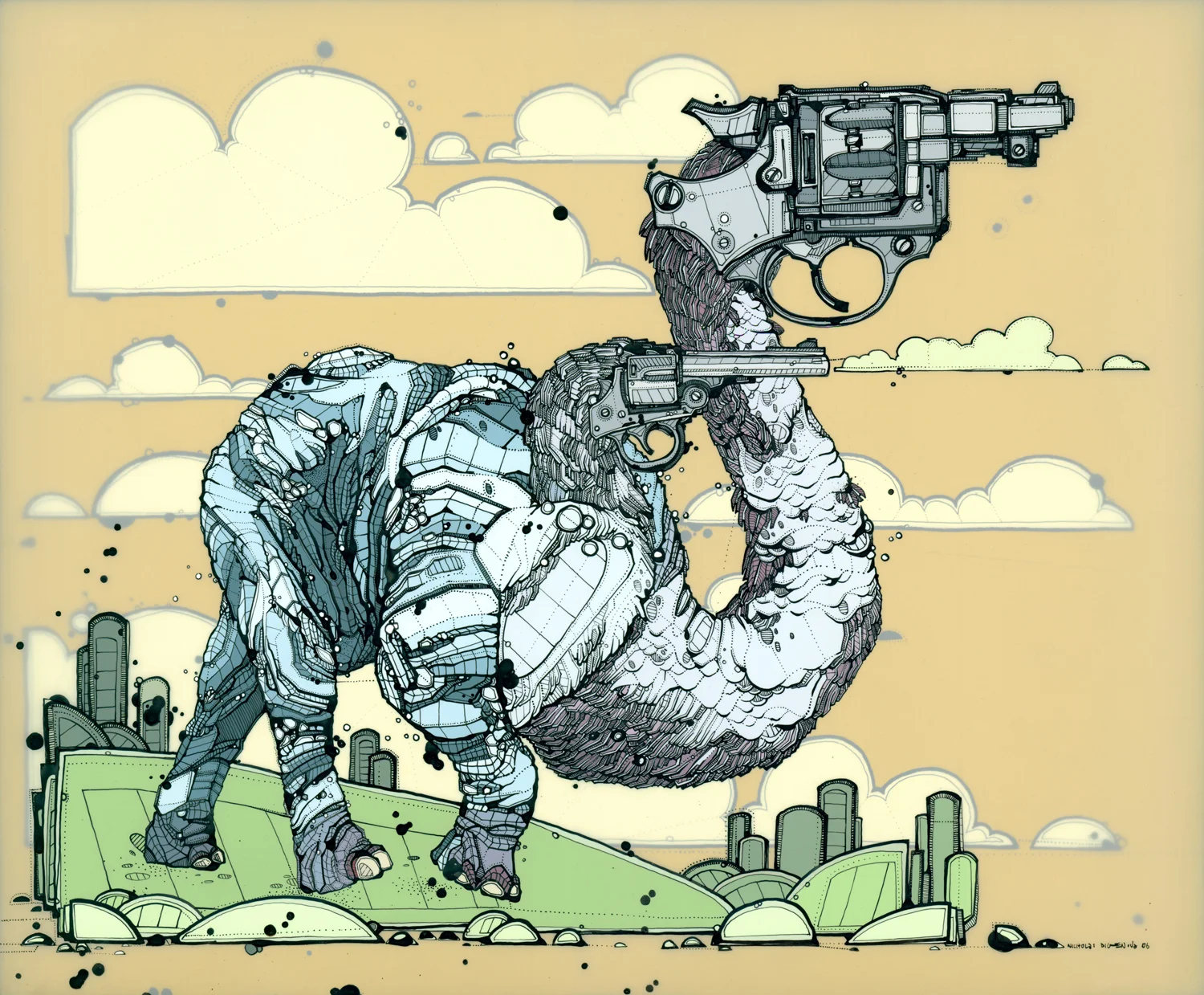Bi-Faced Six Shooter Elephant animation paint and ink on mylar, 18" x 15" 2006