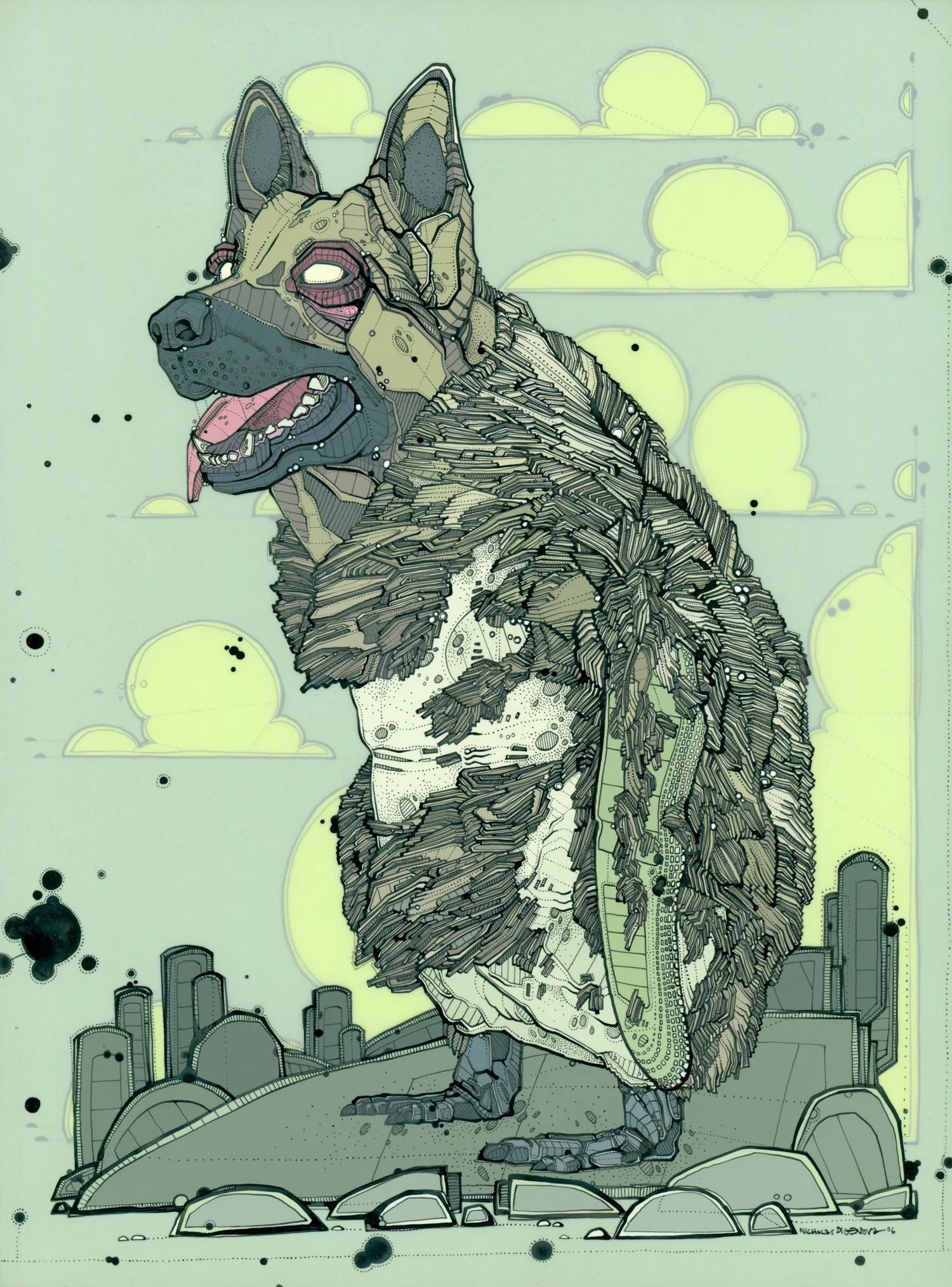 Upright Shepherd Waddler animation paint and ink on mylar, 11" x 15" 2006