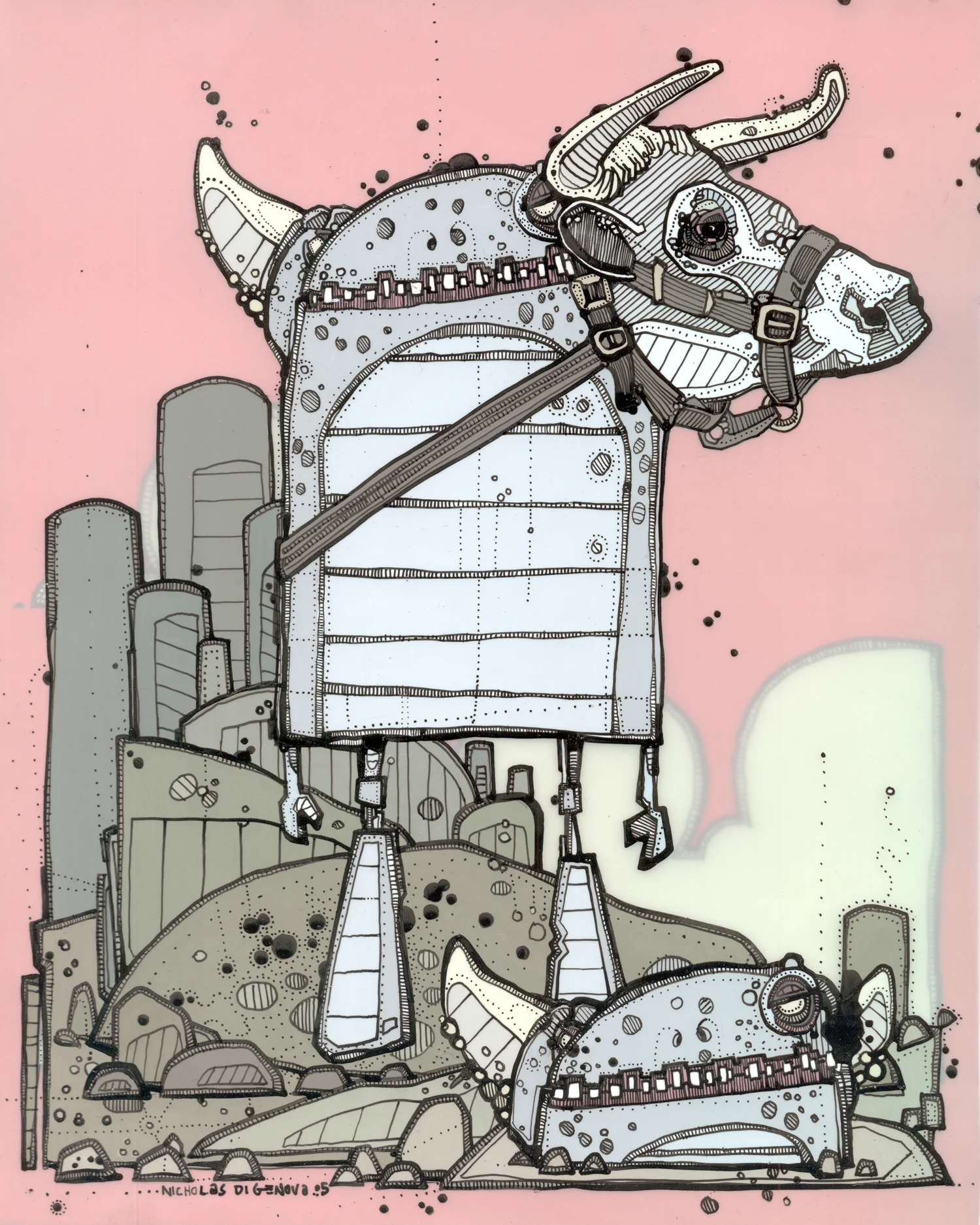 Twin Dogs of the Badlands animation paint and ink on mylar, 8" x 10" 2005
