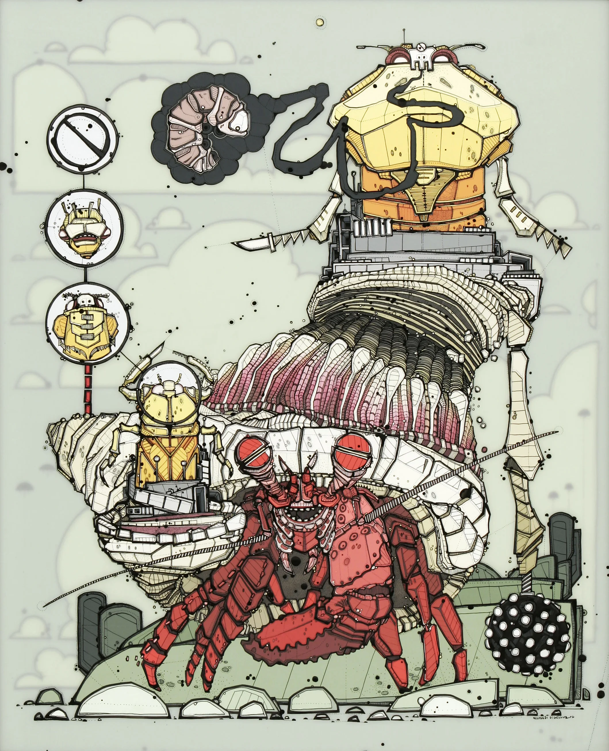 Crustacean Cavalry animation paint and ink on mylar, 24" x 30" 2006