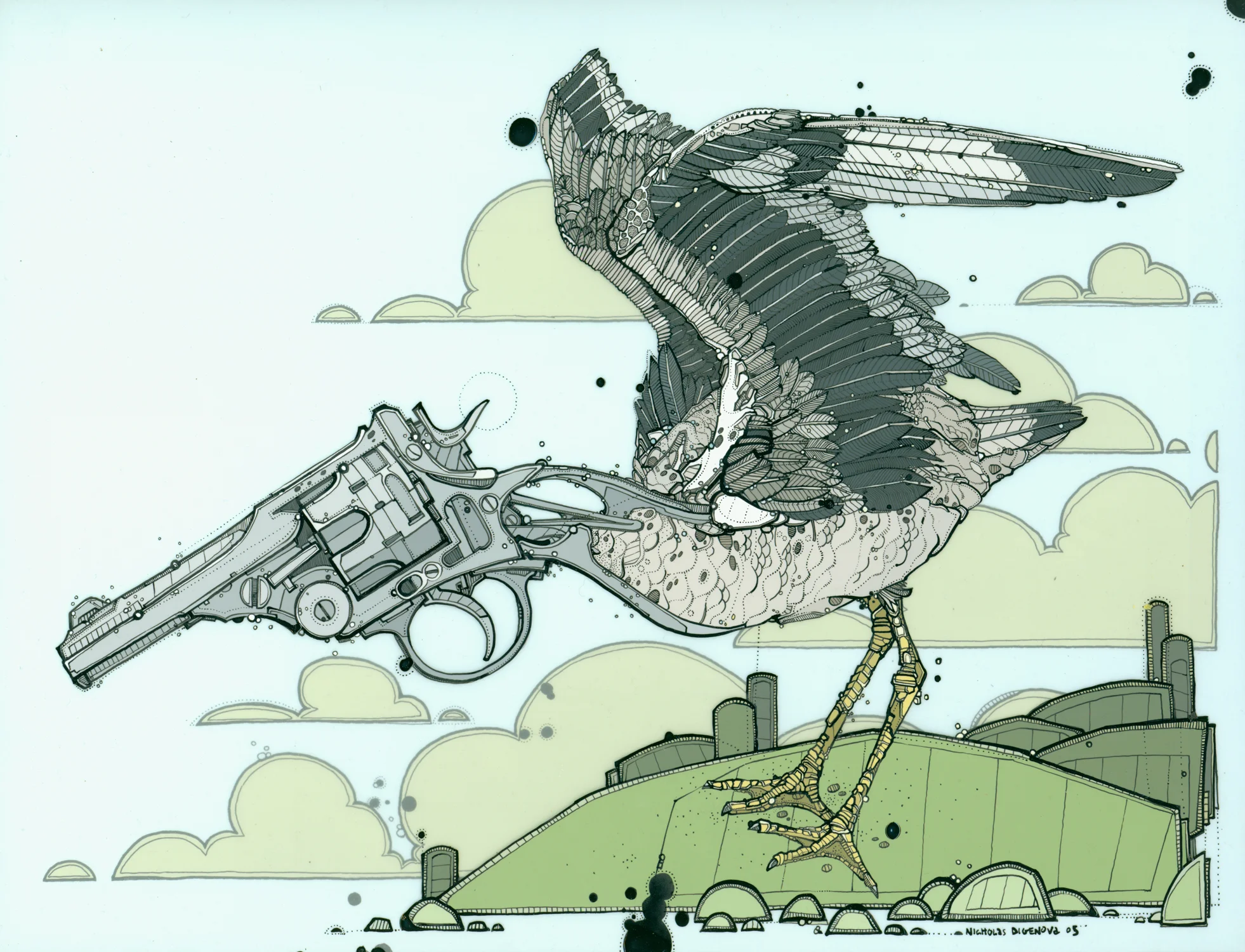 Six Shooter Fowl animation paint and ink on mylar, 15" x 11" 2005