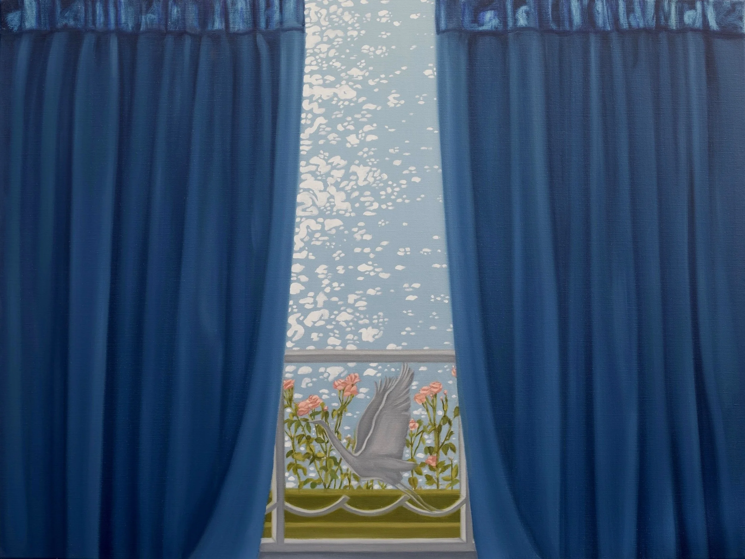 Lucy O'Doherty, 'Phthalo blue curtains, Heron railing and rose garden,' 76 x 101.5cm, oil on linen.jpg