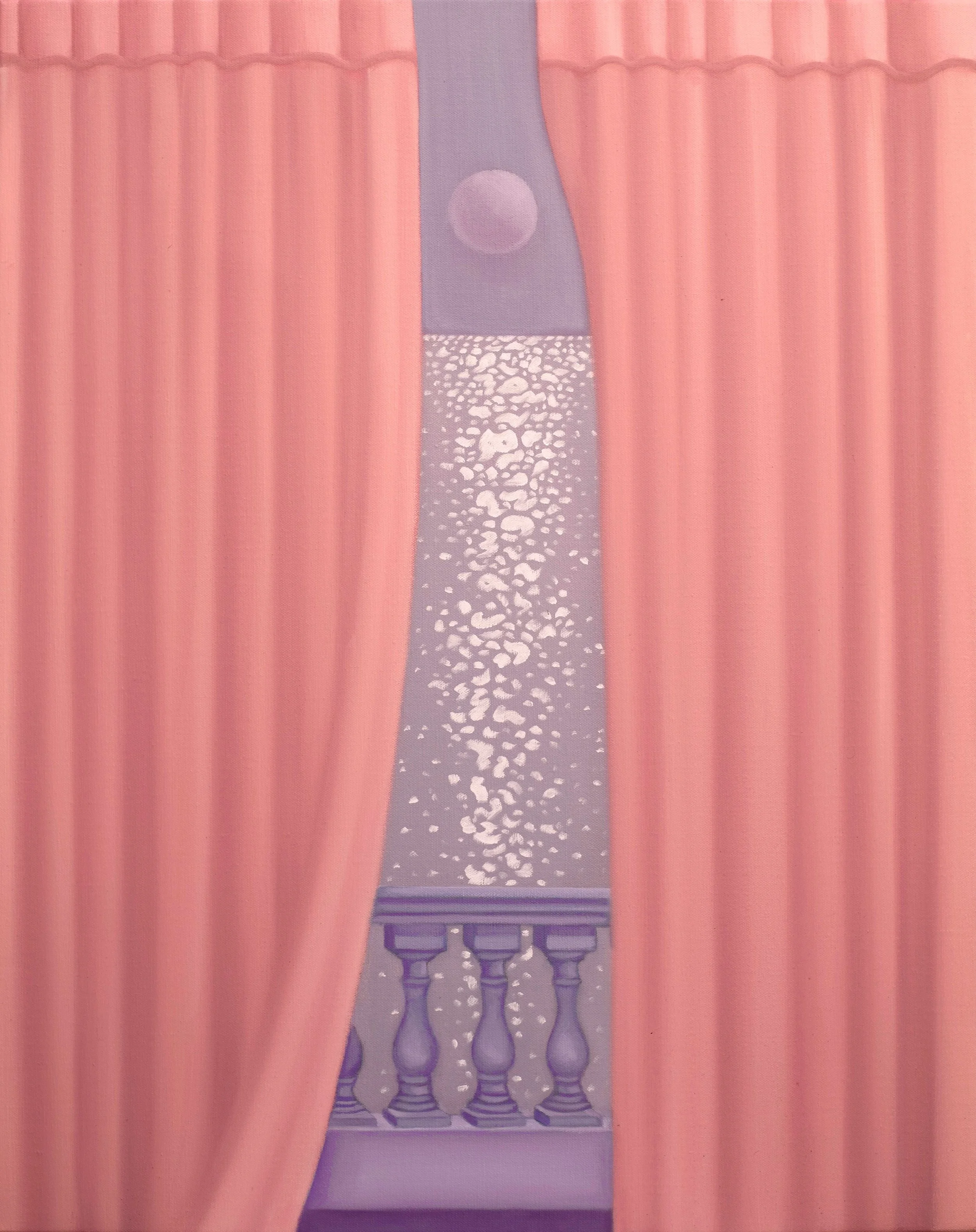 PINK CURTAINS, STONE BALUSTRADE AND MOONTRAIL